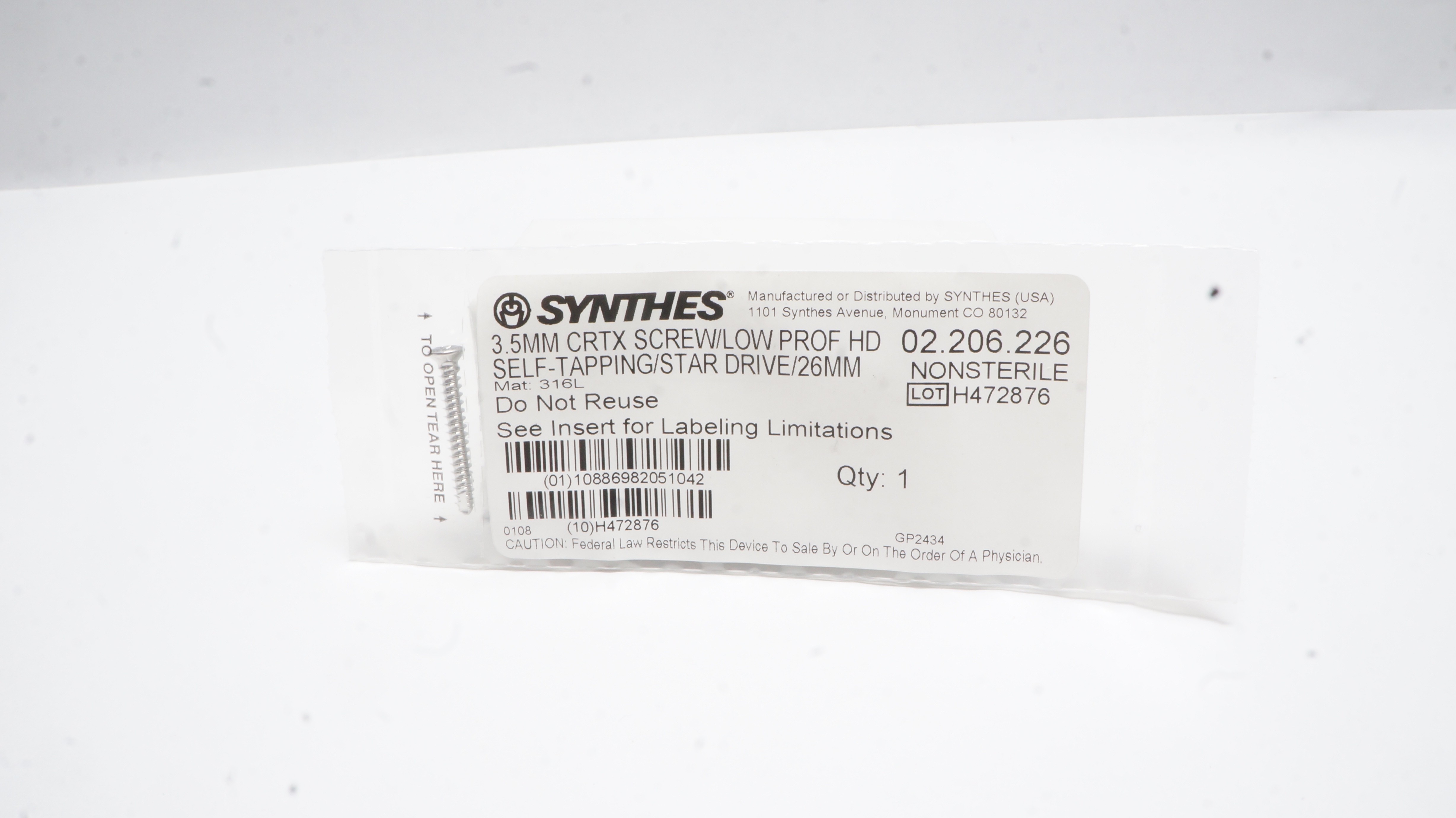 Synthes 02.206.226 3.5mm Cortex Screw/Low Prof HD Self-Tapping/Star Drive /26mm