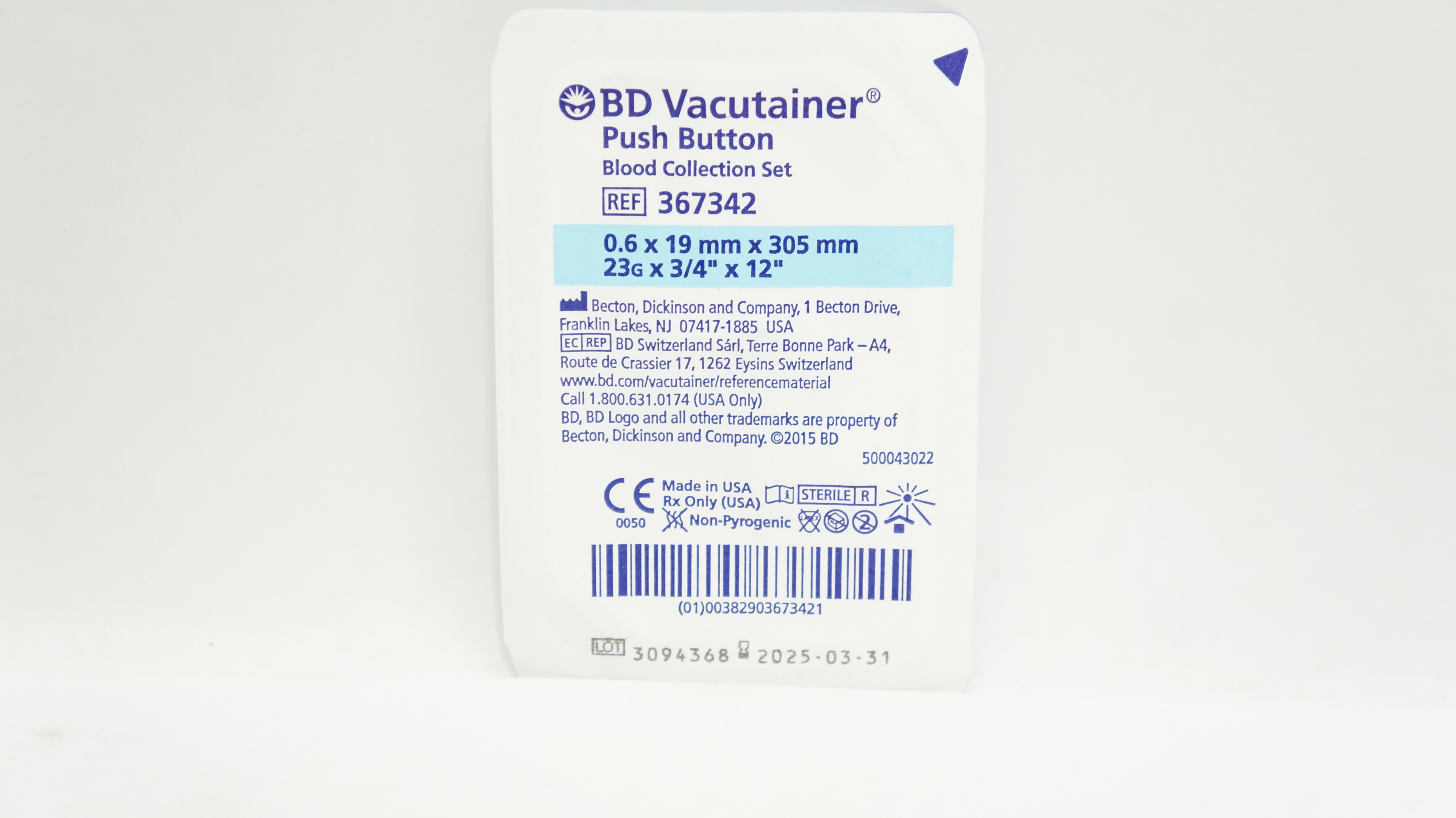 BD 367342 Vacutainer Push Button Blood Collection Set 23G x 3/4inch x 12inch