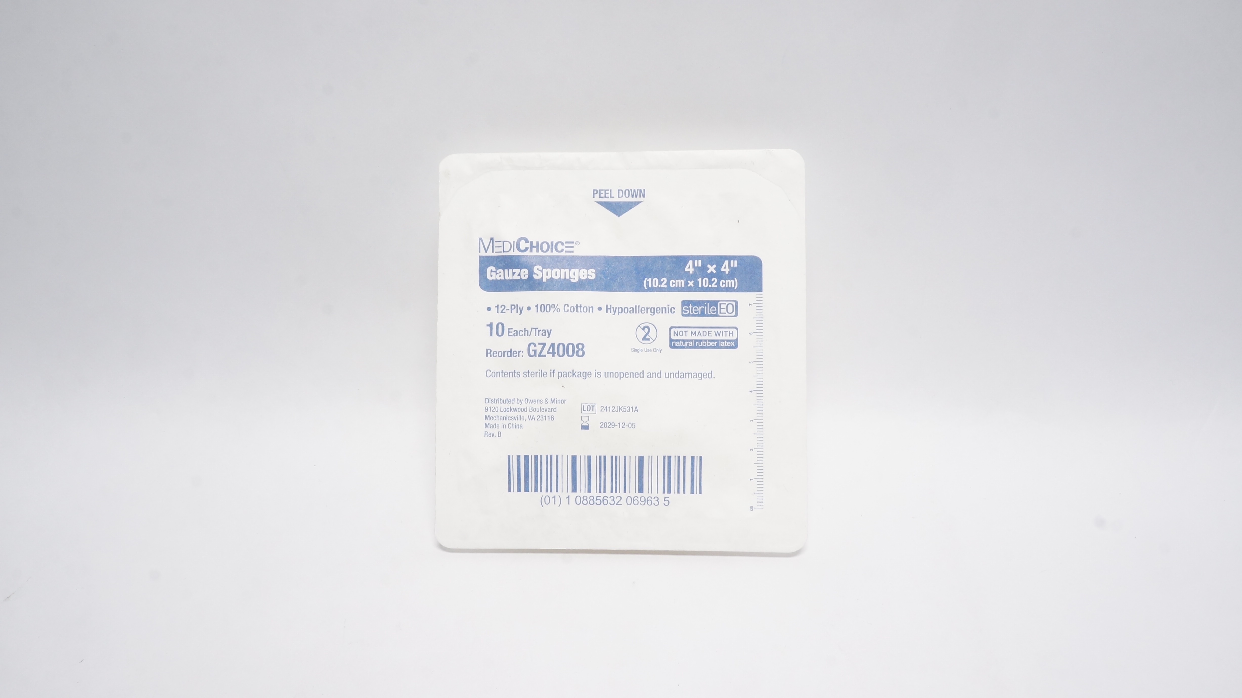 MediChoice GZ4008 Gauze Sponges 12Ply, 4In x 4In  100% Cotton - Pack of 10