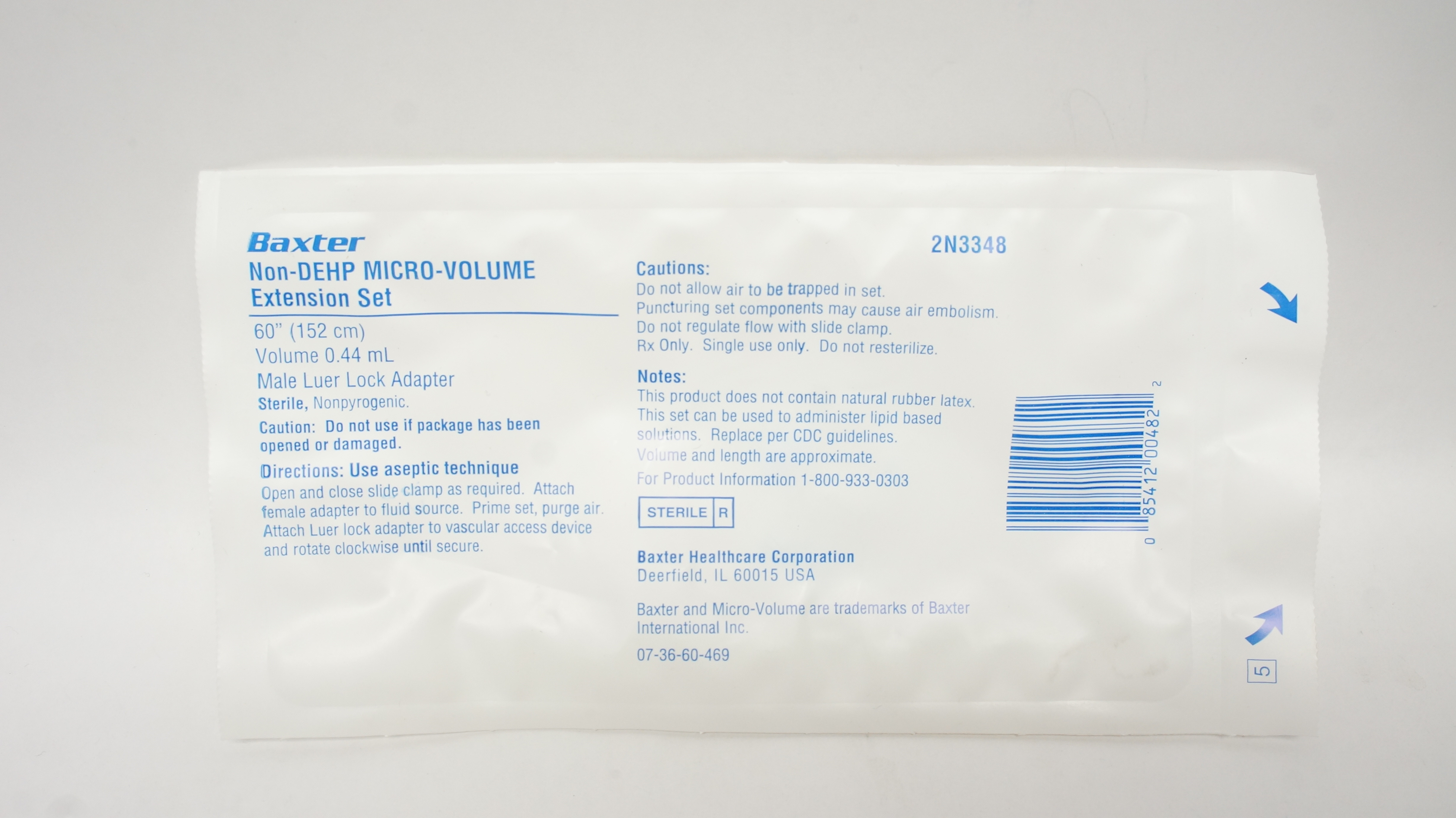 Baxter 2N3348 Non-DEHP Micro-Volume Extension Set 60 inch x 0.44 mL