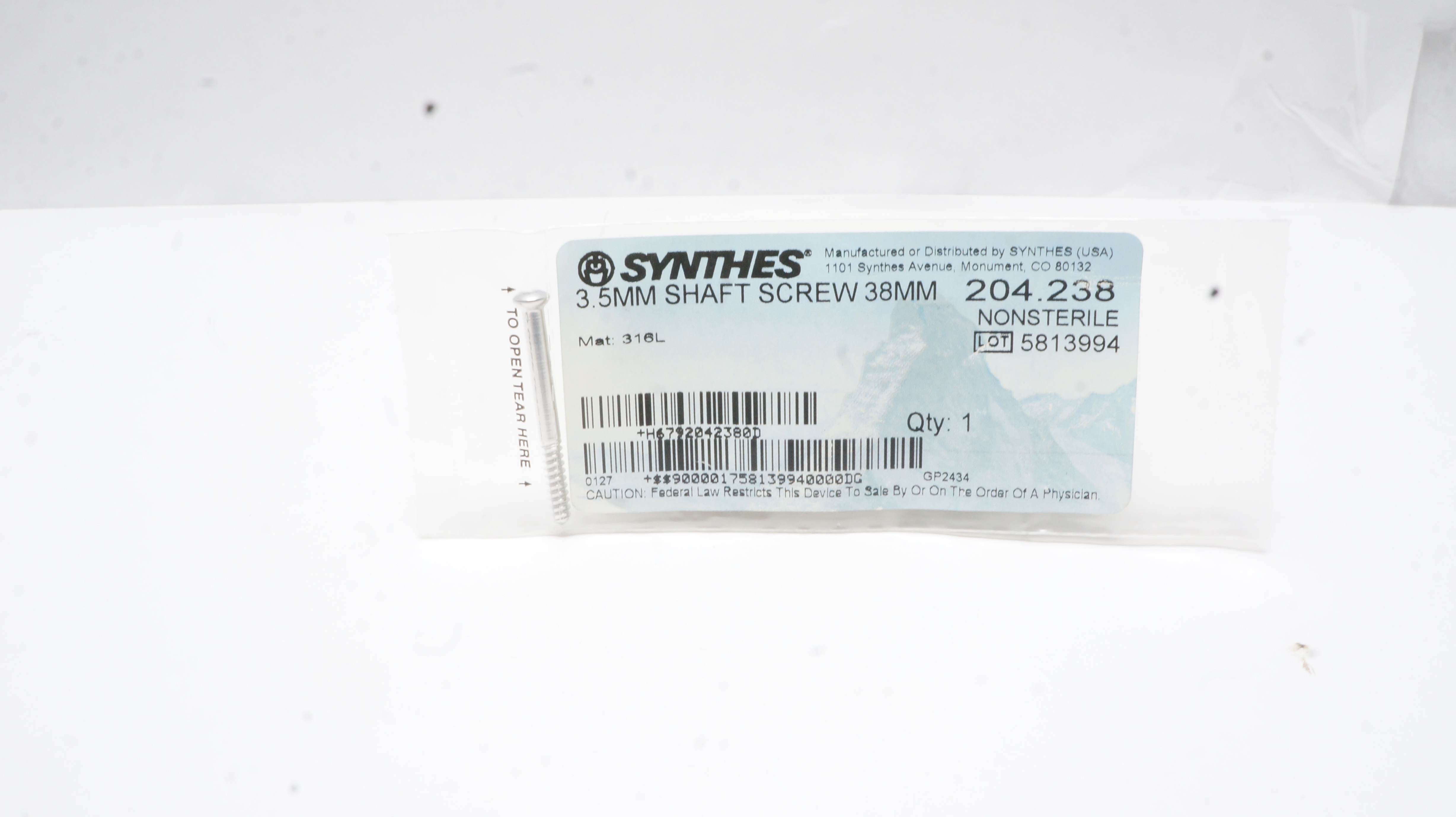 Synthes 204.238 3.5mm Shaft Screw 38mm