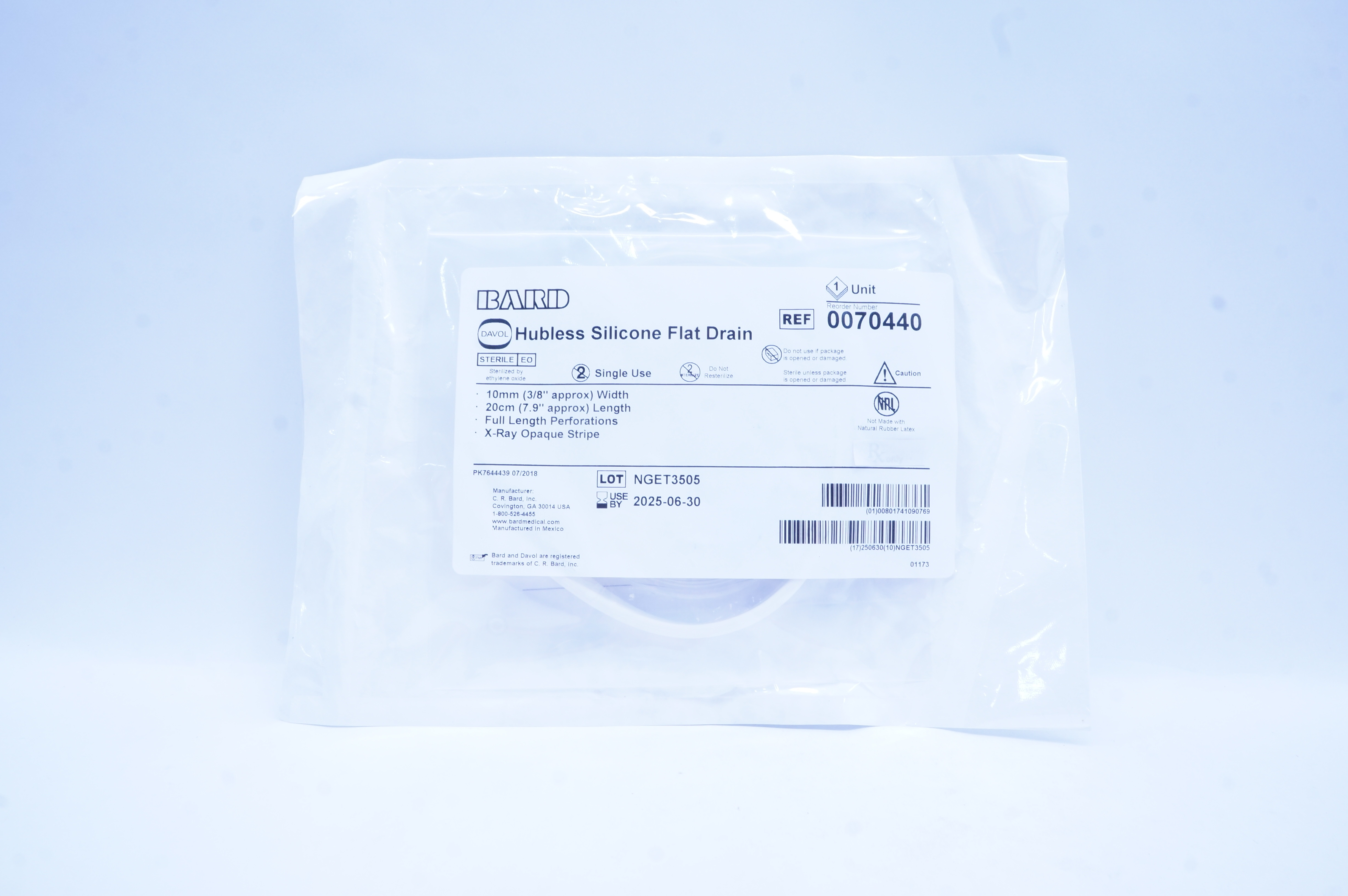 Bard 0070440 Davol Hubless Silicone Flat Drain 3/8inch x 7.9inch