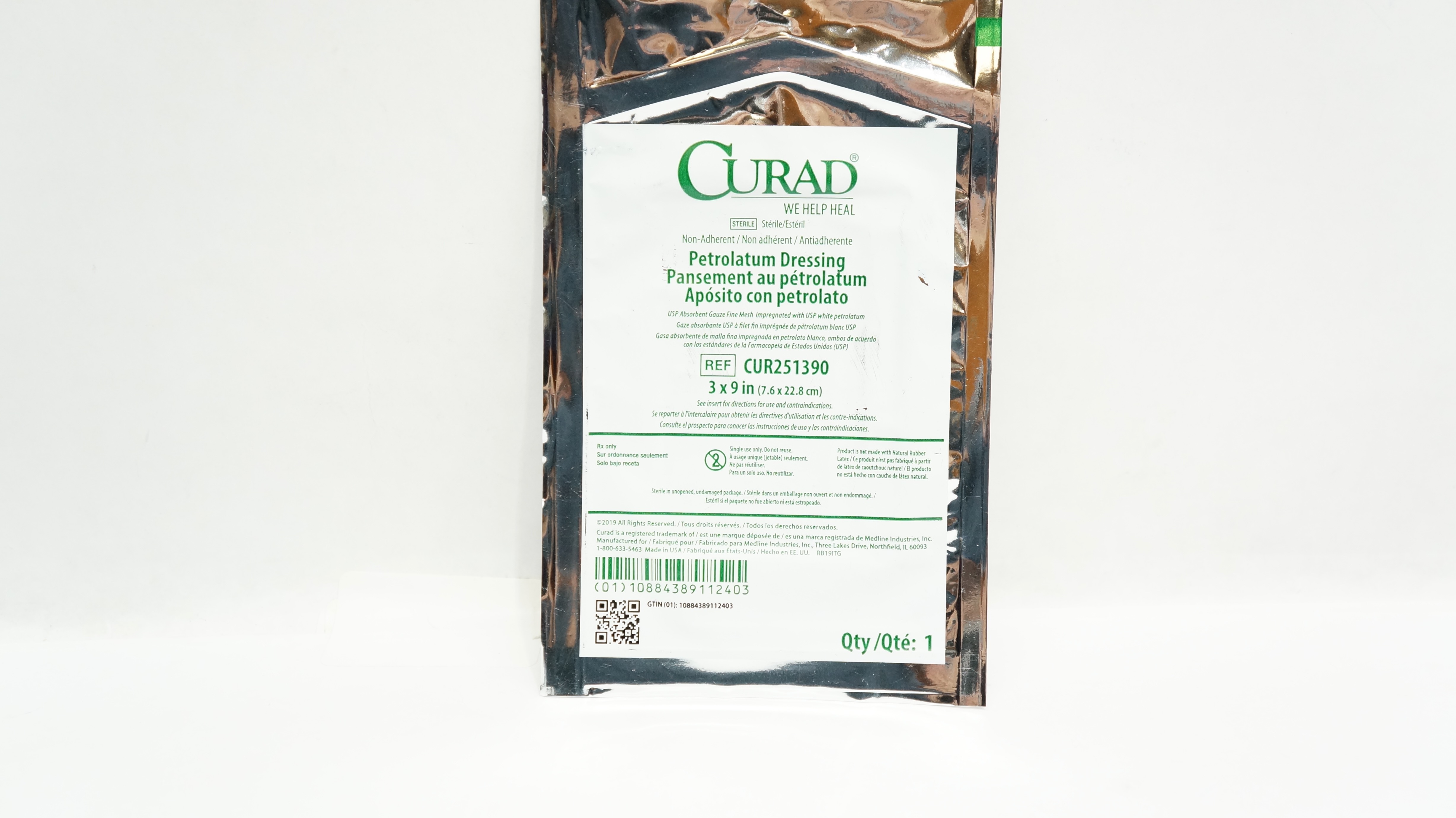 Medline CUR251390 Curad Non-Adherent Petrolatum Dressing 3inch x 9inch