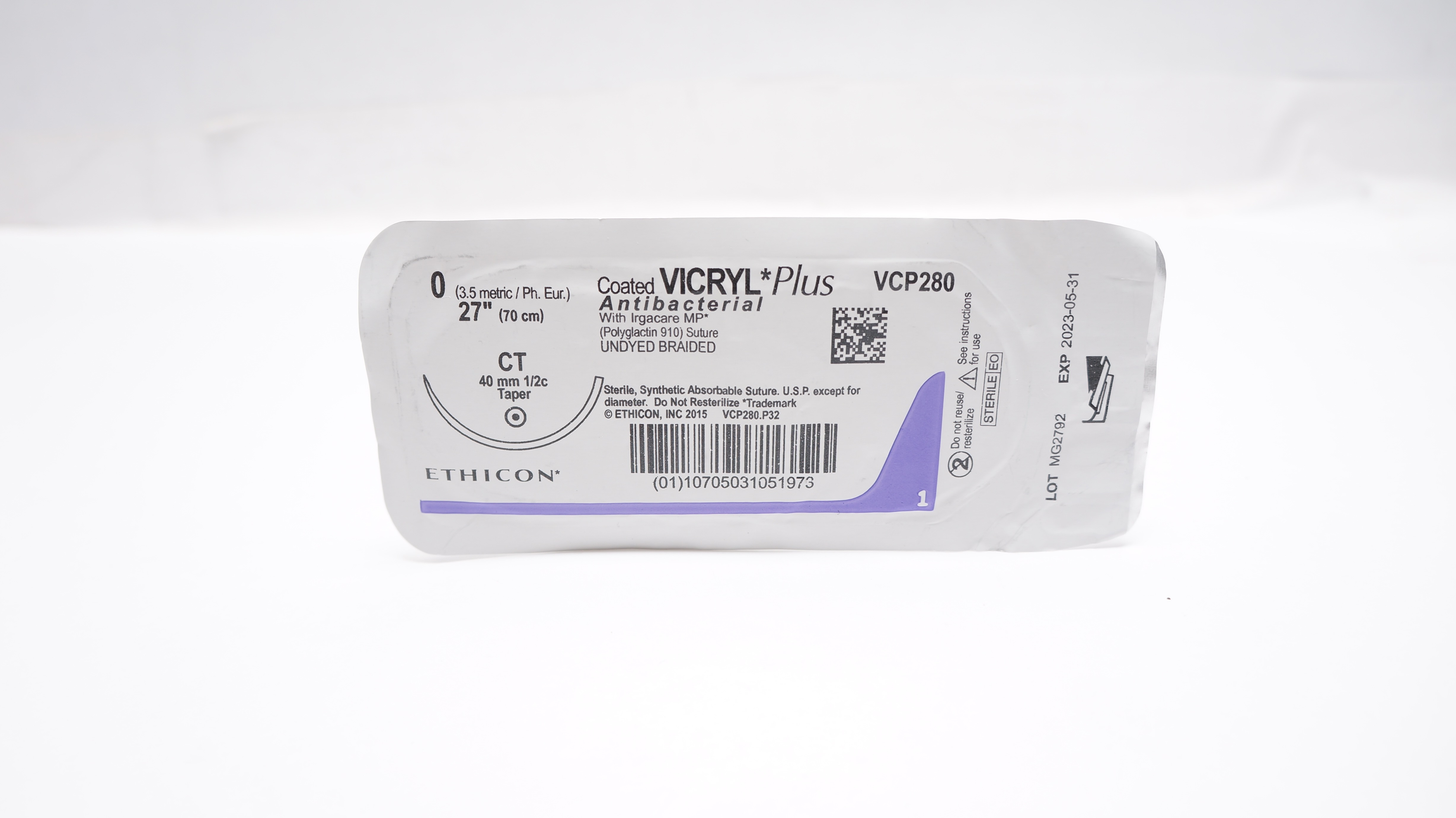 Ethicon VCP280 0 Coated Vicryl Plus  Stre CT 40mm 1/2c Taper, 27inch(x)