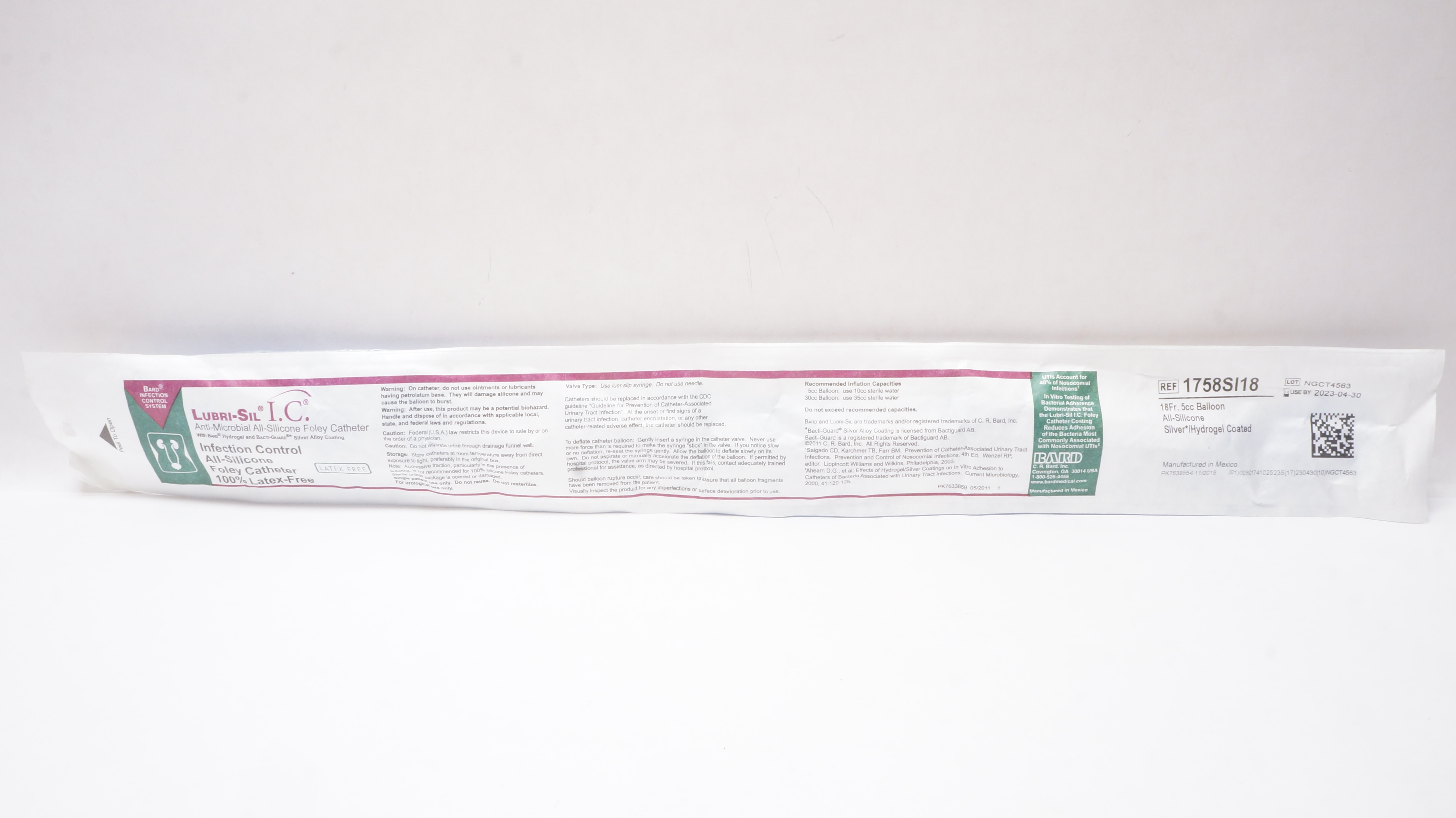 Bard 1758SI18 Lubri-Sil I.C. Anti-Microbial All-Silicone Foley Cath. 18Fr (x)