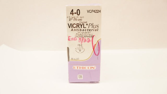 Ethicon VCP422H VICRYL Plus FS-2 19mm 3/8c Reverse Cutting, 27inch (x)-Box of 36