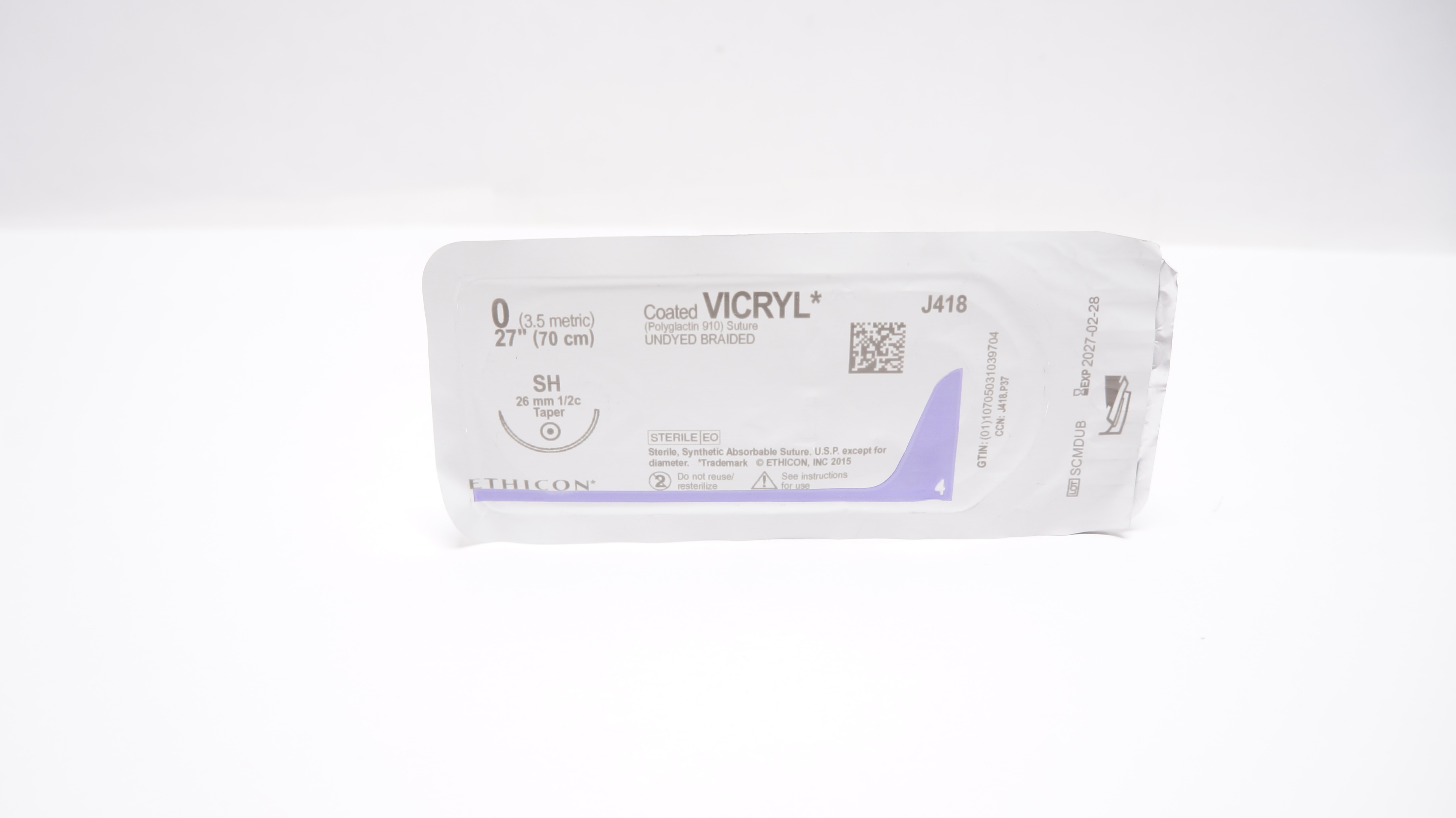 Ethicon J418 0 Coated VICRYL Polyglactin 910 Stre SH 26mm 1/2c Taper, 27inch