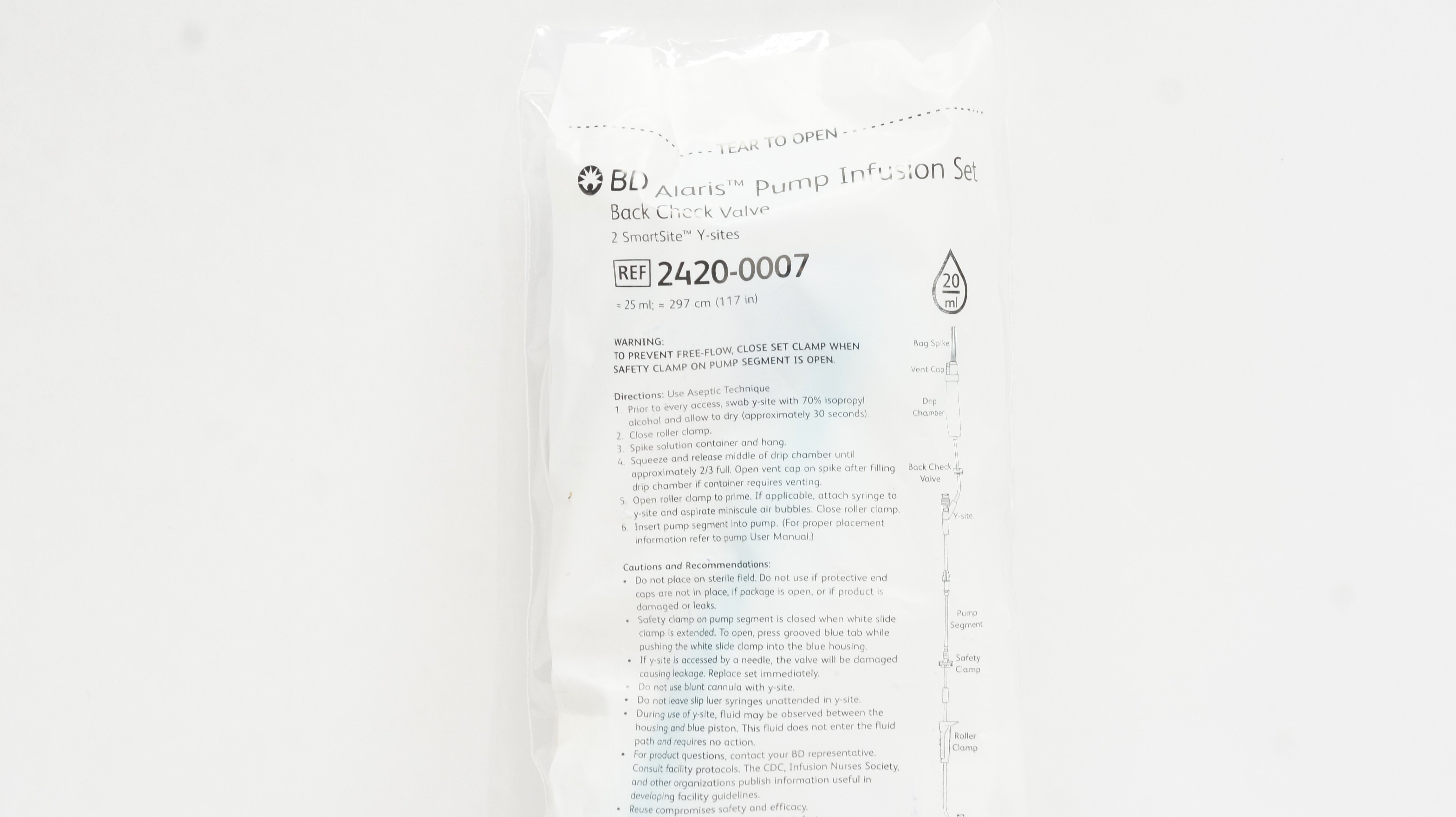 BD 2420-0007 Alaris Pump Infusion Set Back Check Valve 117inch x 25ml 20Drops/mL