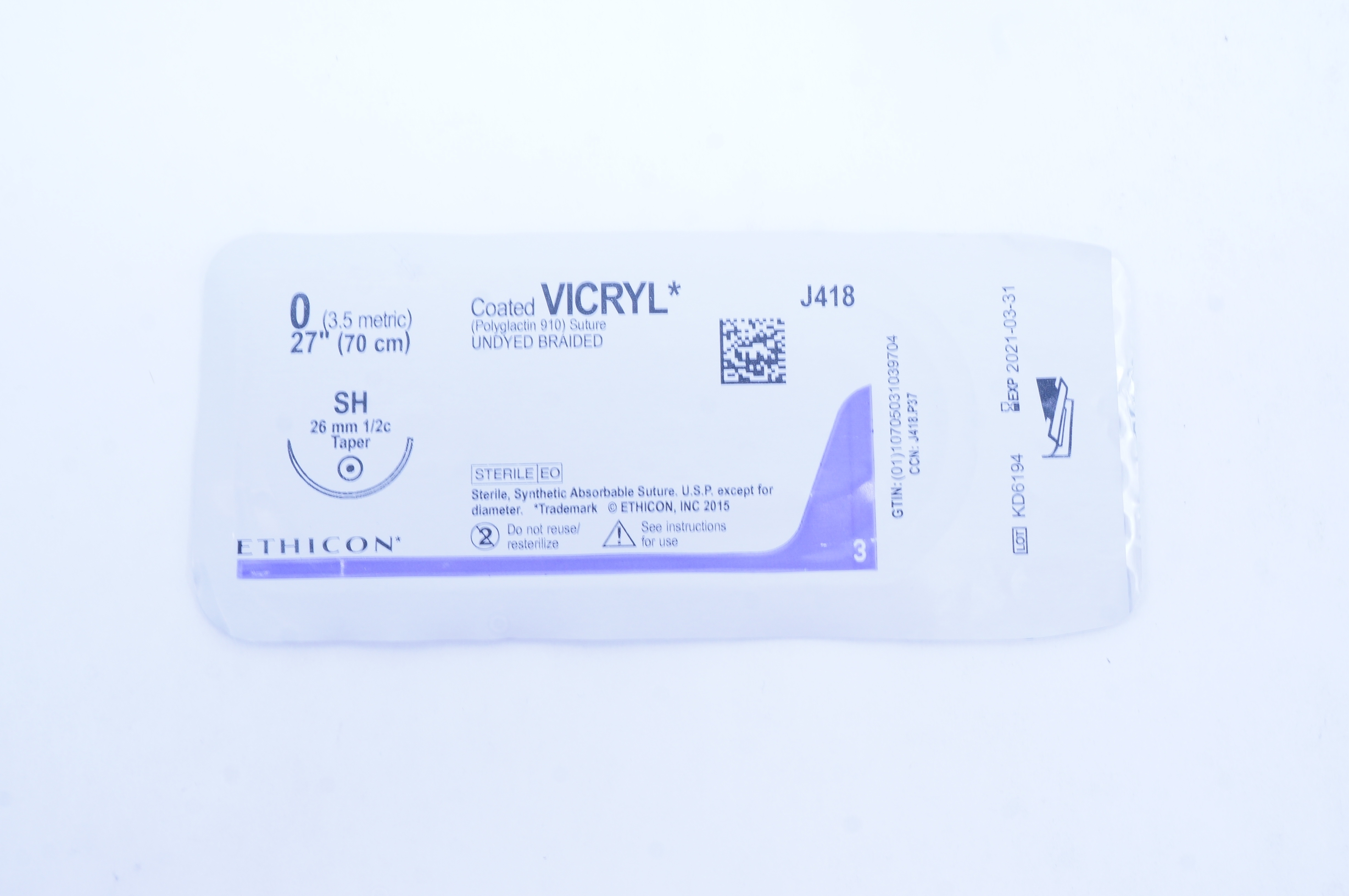 Ethicon J418 0 Coated VICRYL Stre SH 26mm 1/2c Taper, 27inch (x)