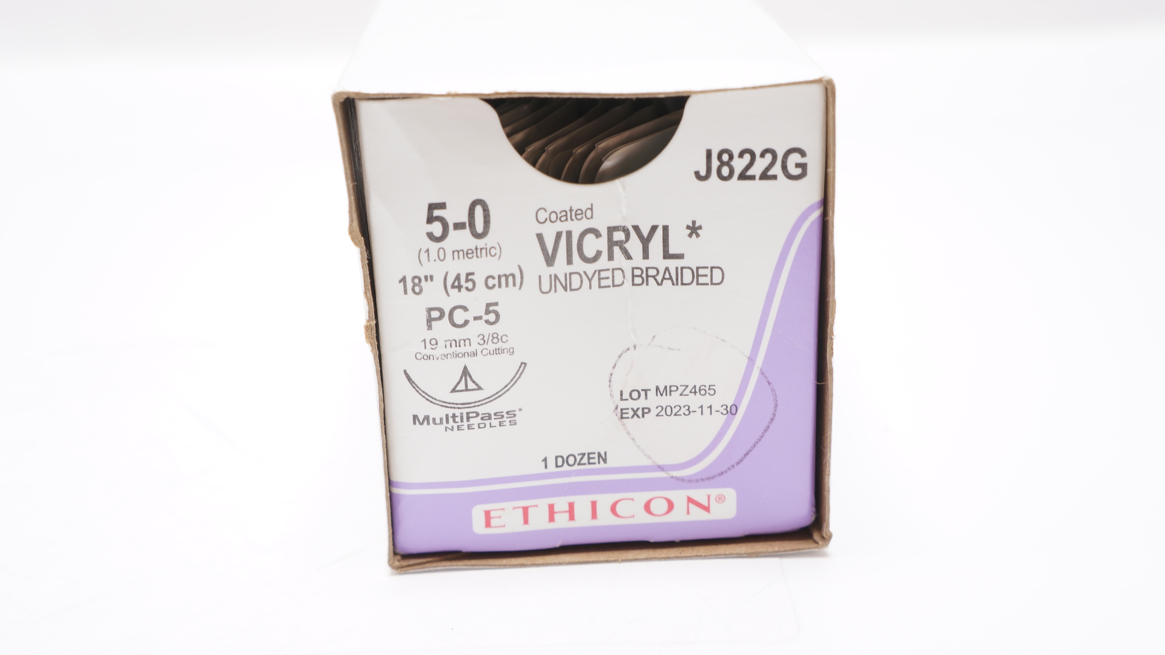 Ethicon J822G 5-0 Vicryl PC-5, 19mm 3/8c Conventional Cutting,18in.(x)-Box of 12