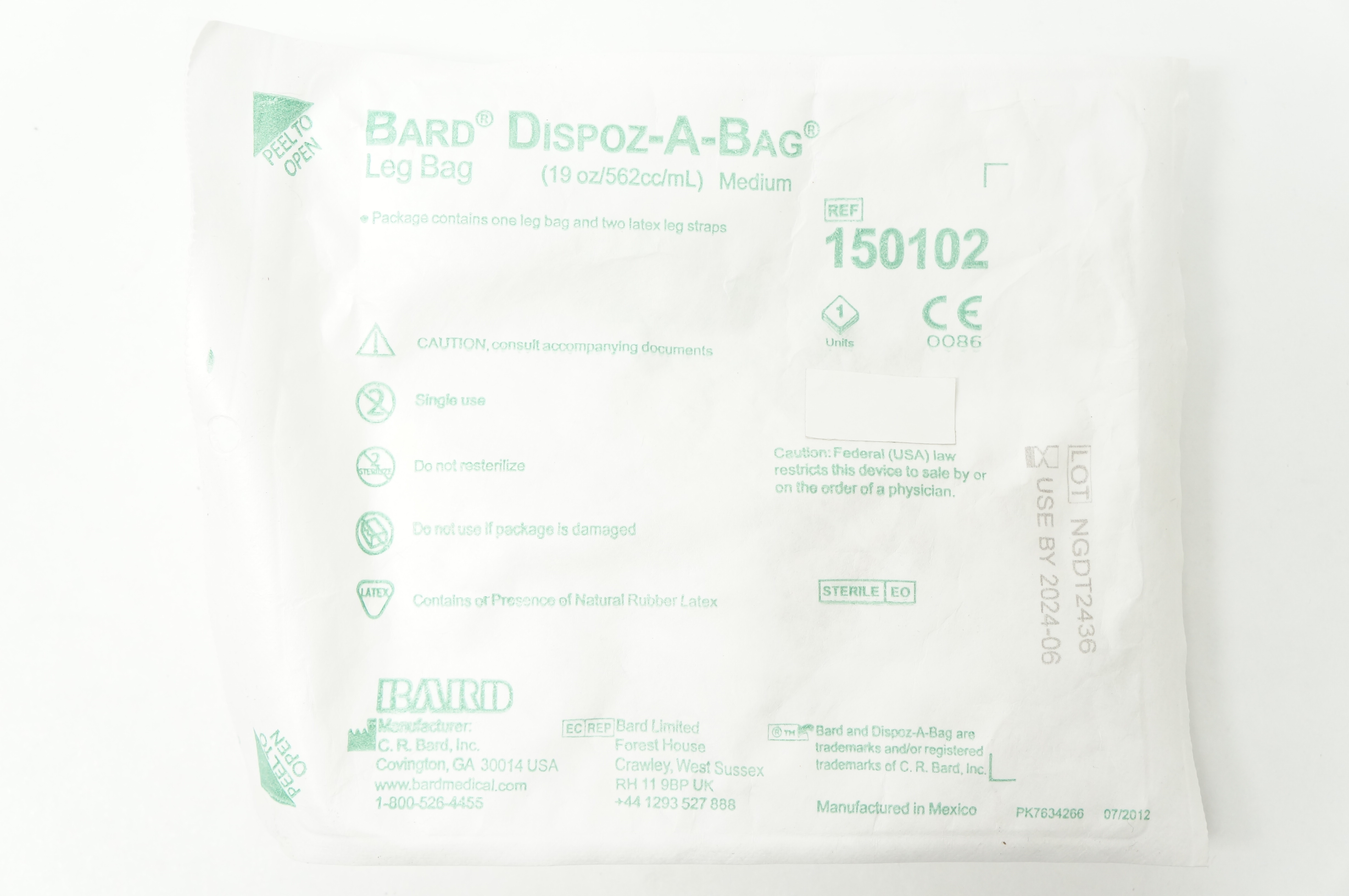 Bard 150102 Dispoz-A-Bag Leg Bag 19oz/562cc/mL Medium