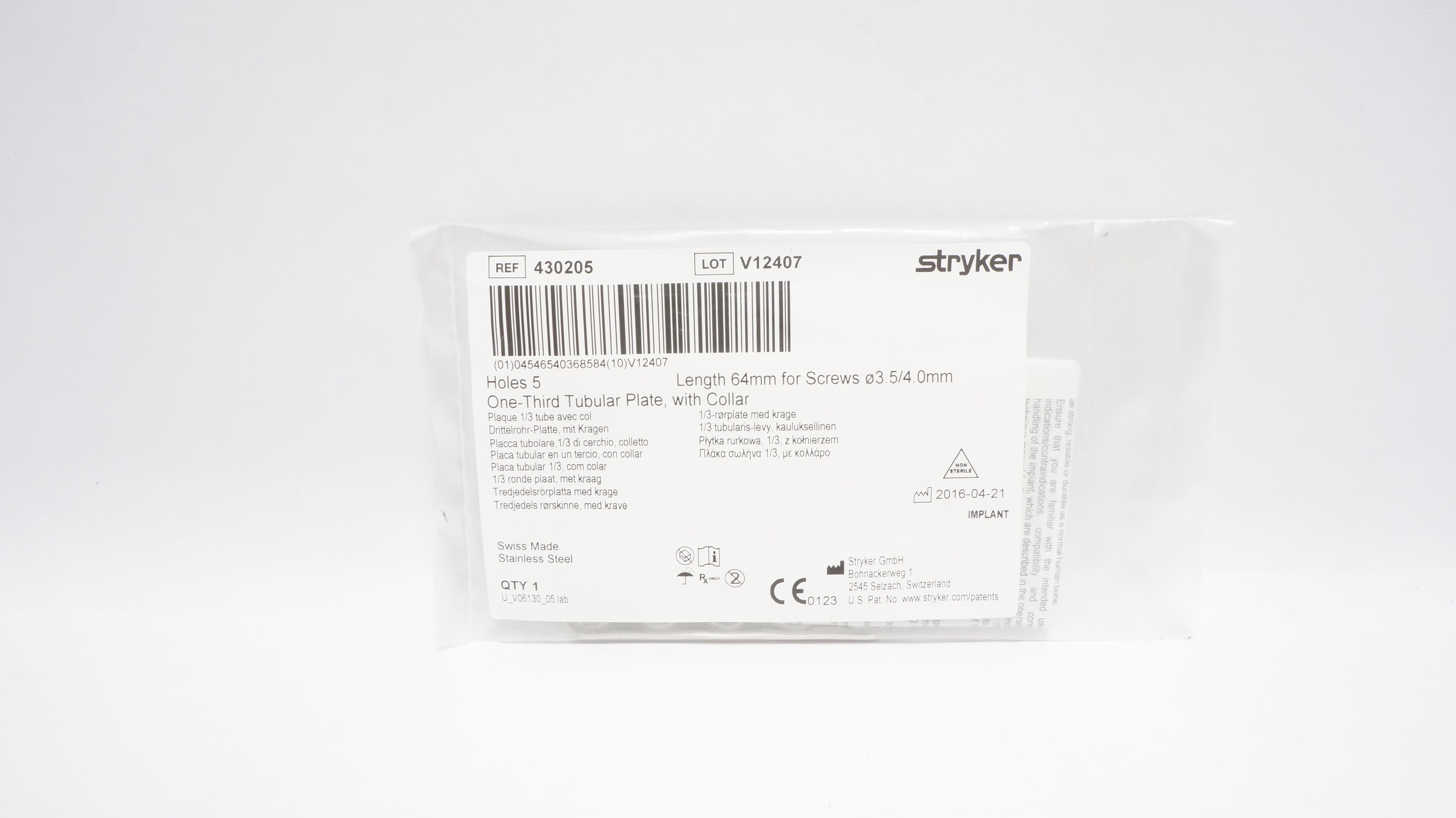 Stryker 430205 Holes 5 One-Third Tubular Plate, W/Collar Length 64mm for Screws