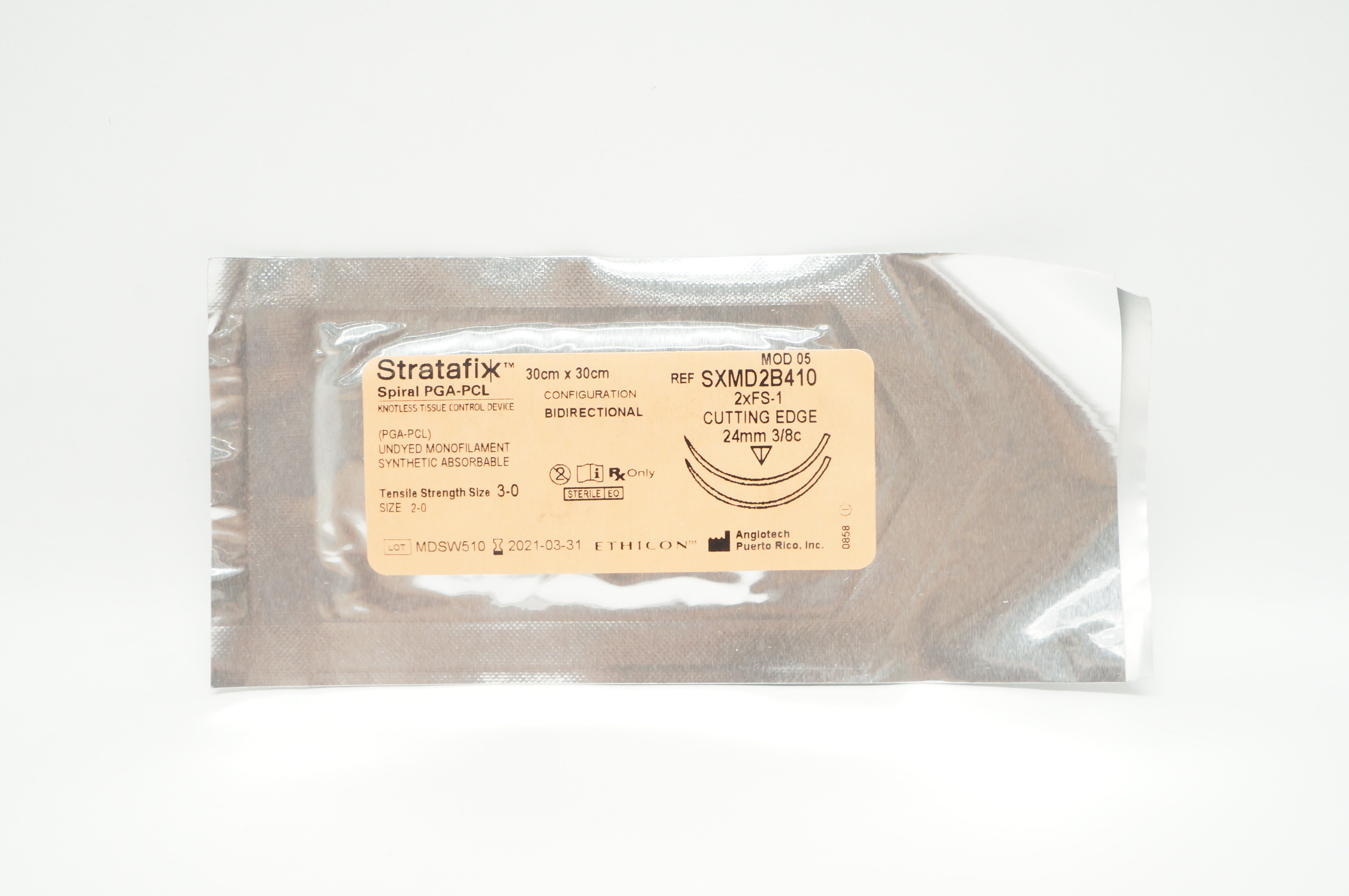 Ethicon SXMD2B410 Stratafix Spiral PGA-PCL 30x30cm 2xFS-1 Cut Edge 24mm 3/8c(x)