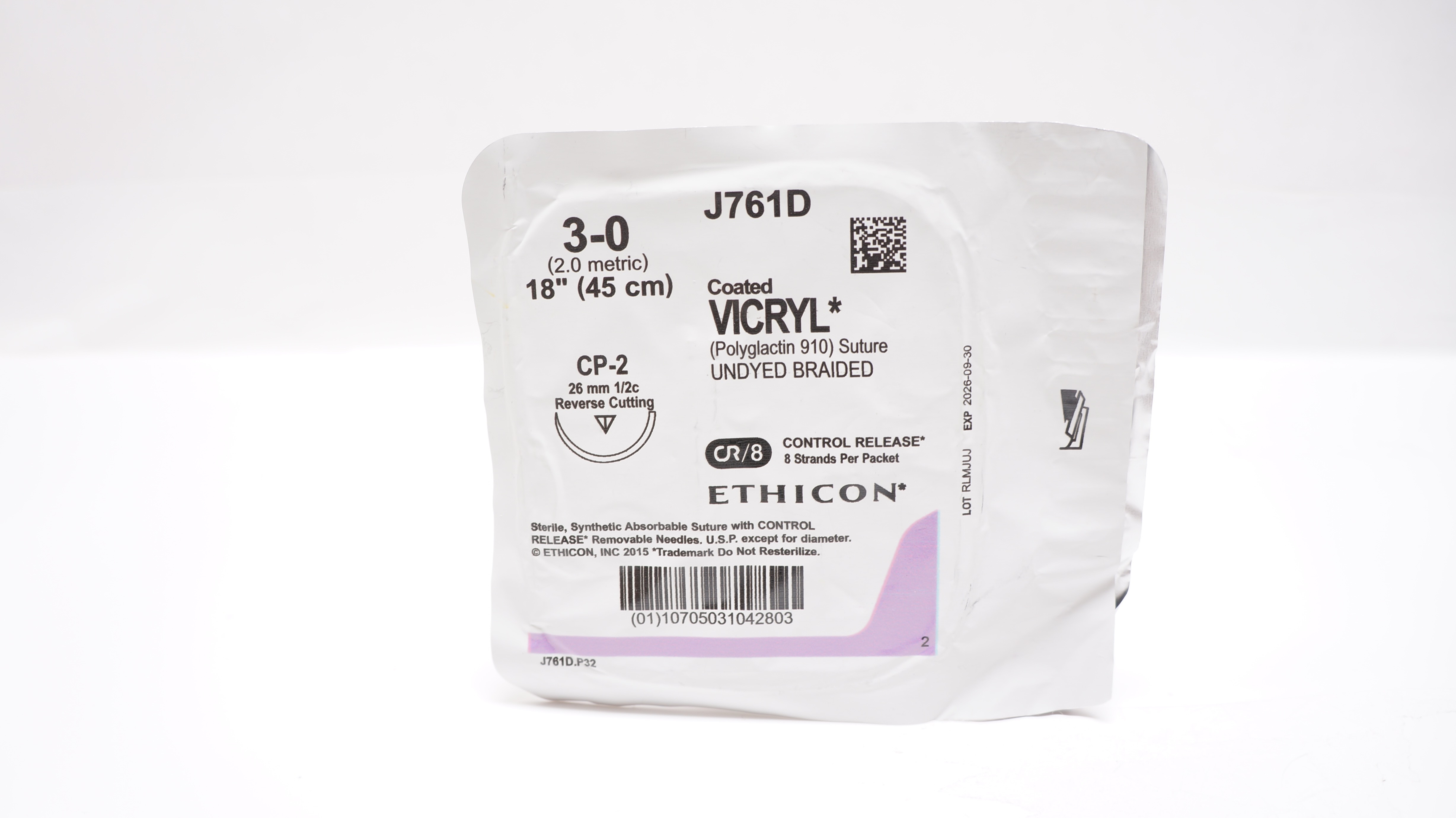 Ethicon J761D 3-0 Coated VICRYL, CP-2, 26mm 1/2c Reverse Cutting, 18inch