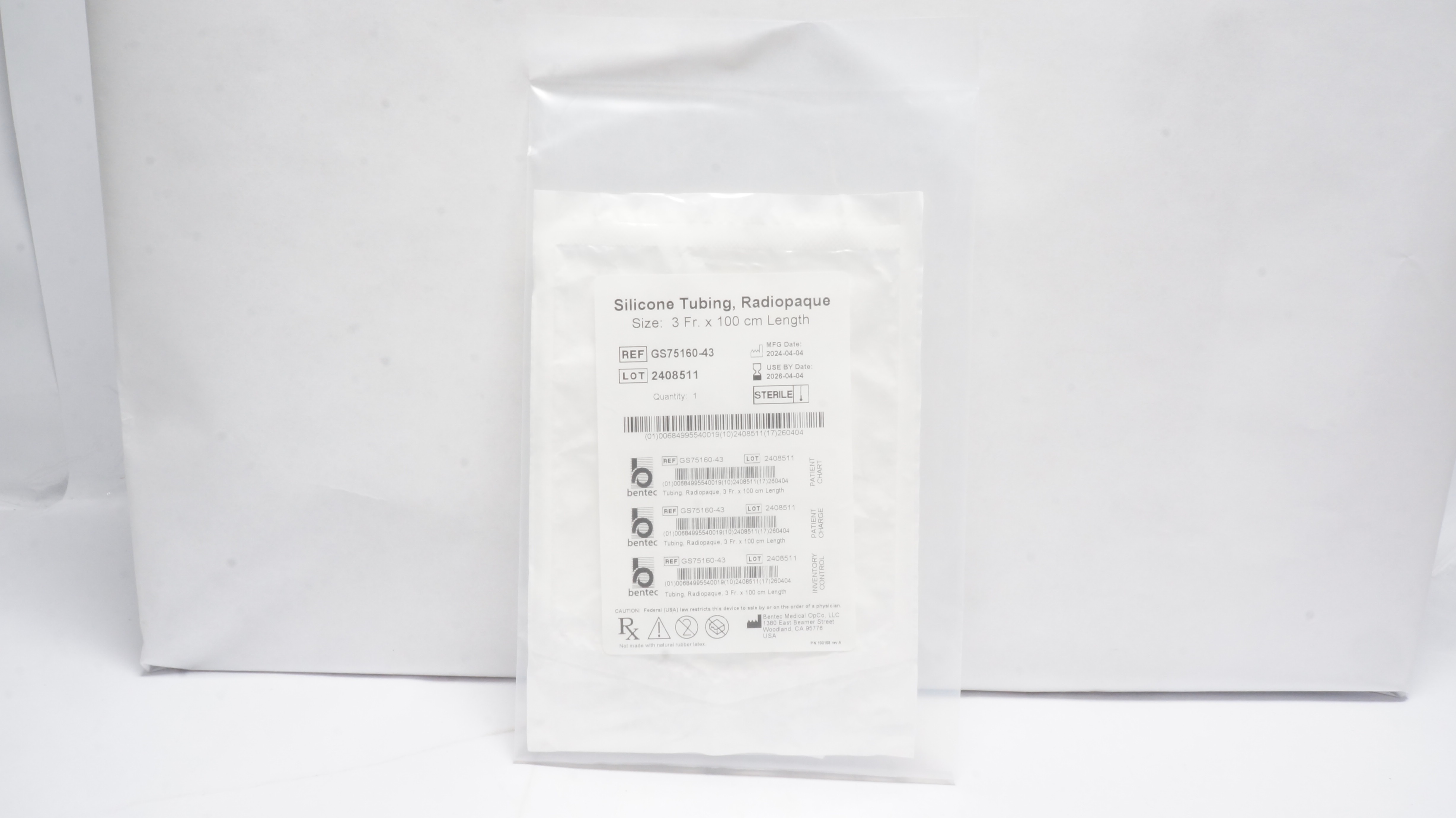 BENTEC MEDICAL GS75160-43 Radiopaque Silicone Tubing 3Fr x 100cm