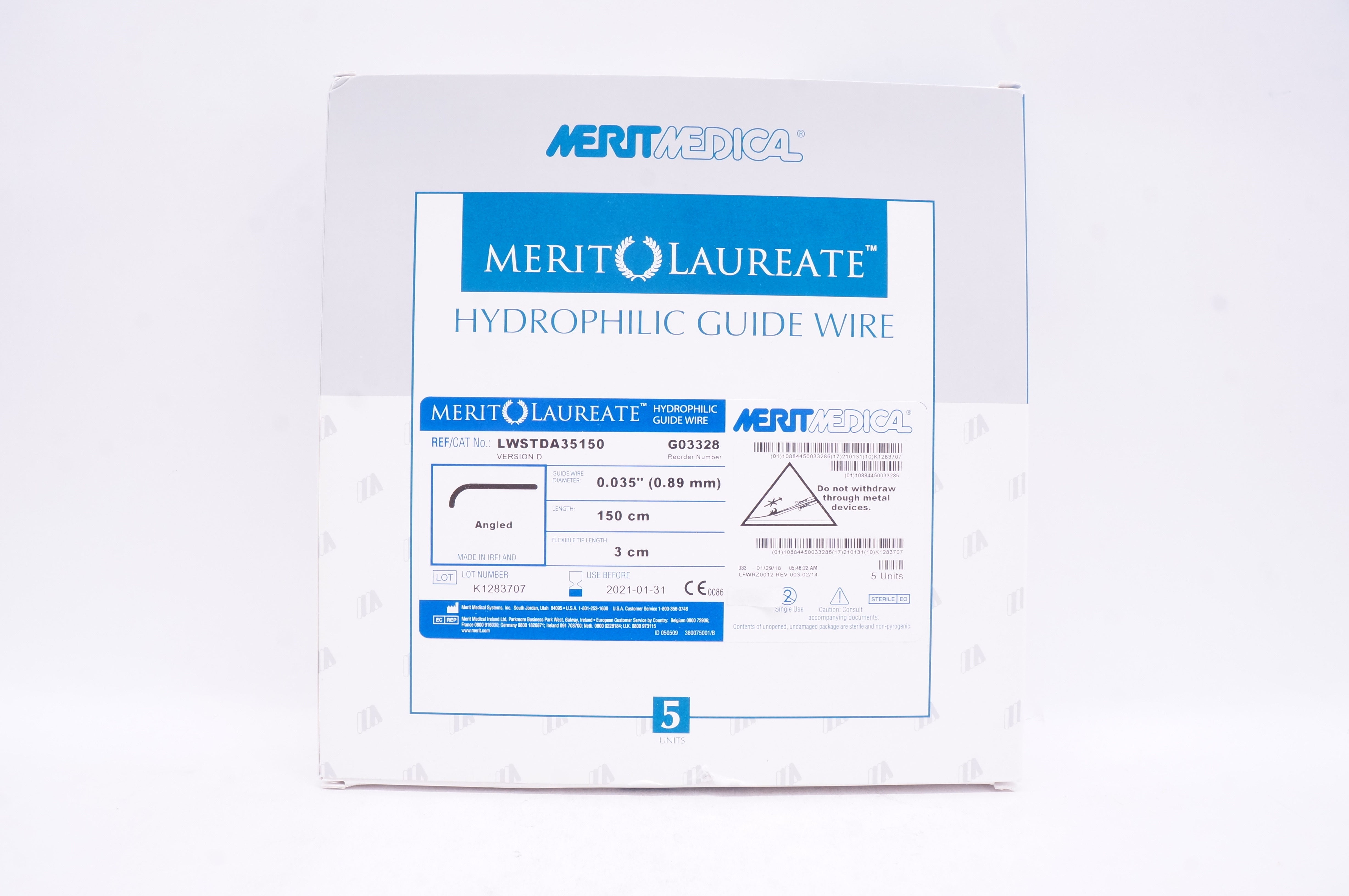Merit Medical G03328 Hydrophilic Guide Wire 0.035inch x 150cm x 3 cm- Box of 5(x)