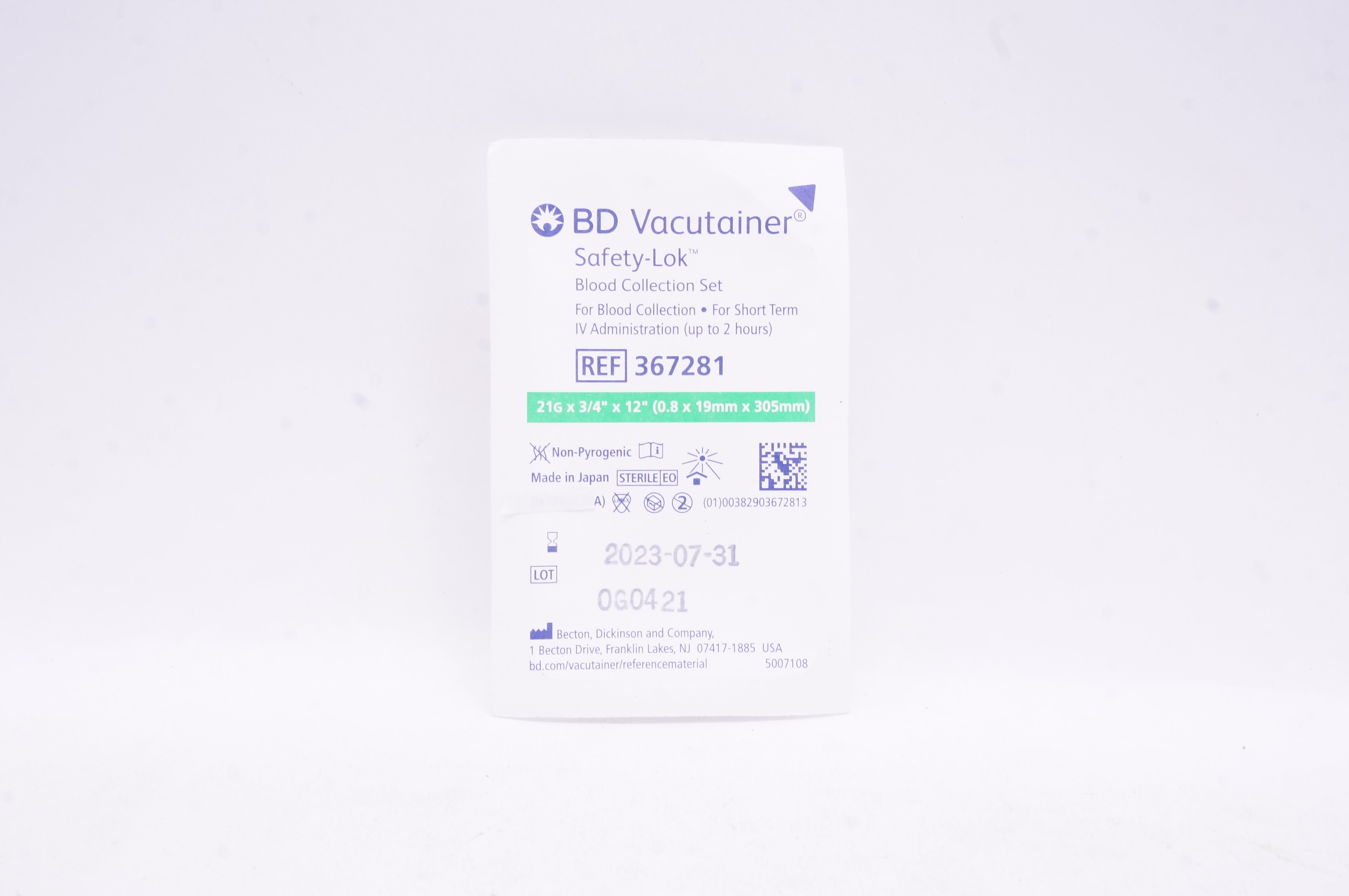 BD 367281 Safety-Lok Blood Collection Set 21G x 3/4inch x 12inch
