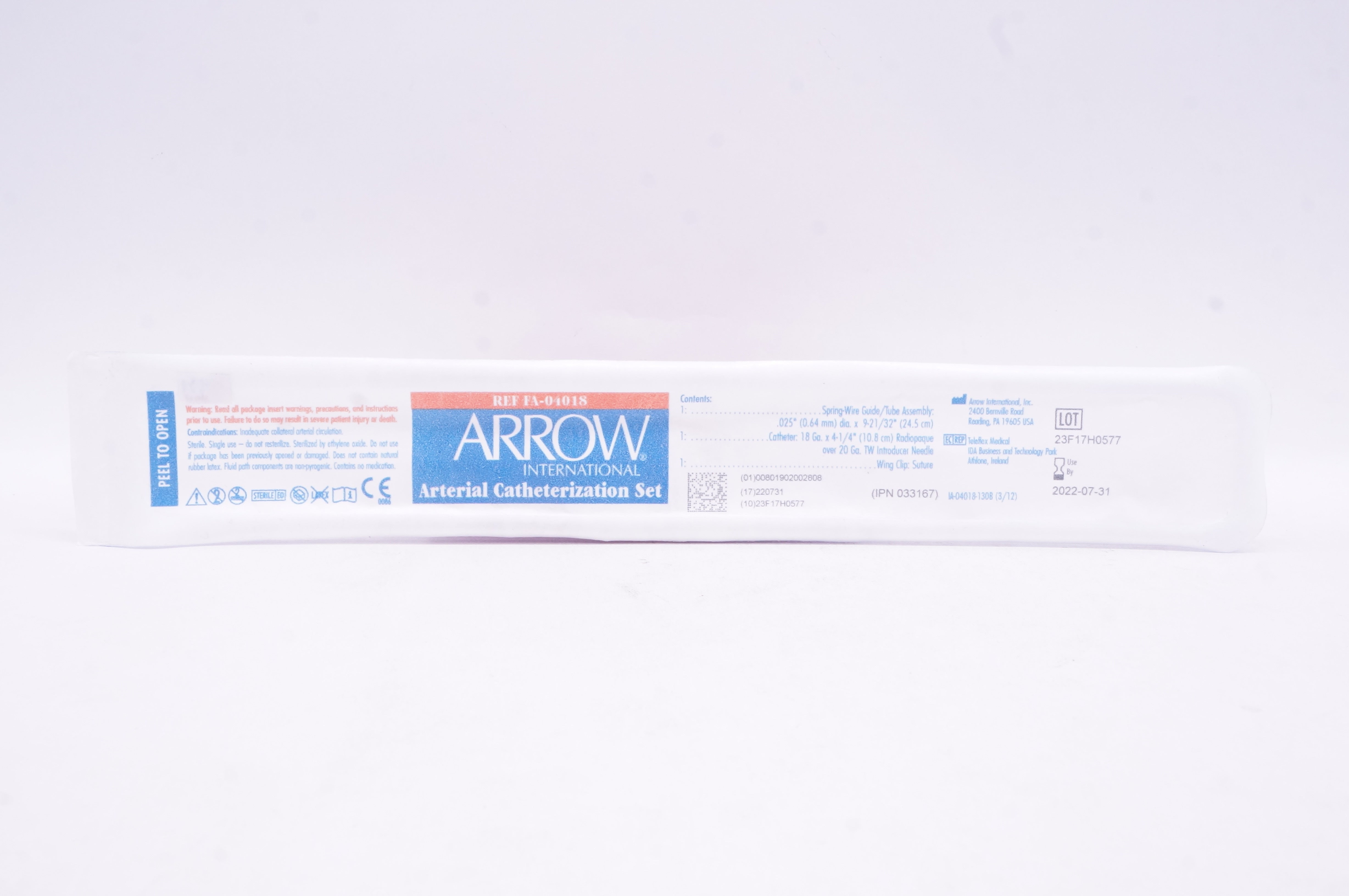 Arrow FA-04018 Arterial Catheterization Set .025inch x 9-21/32inch
