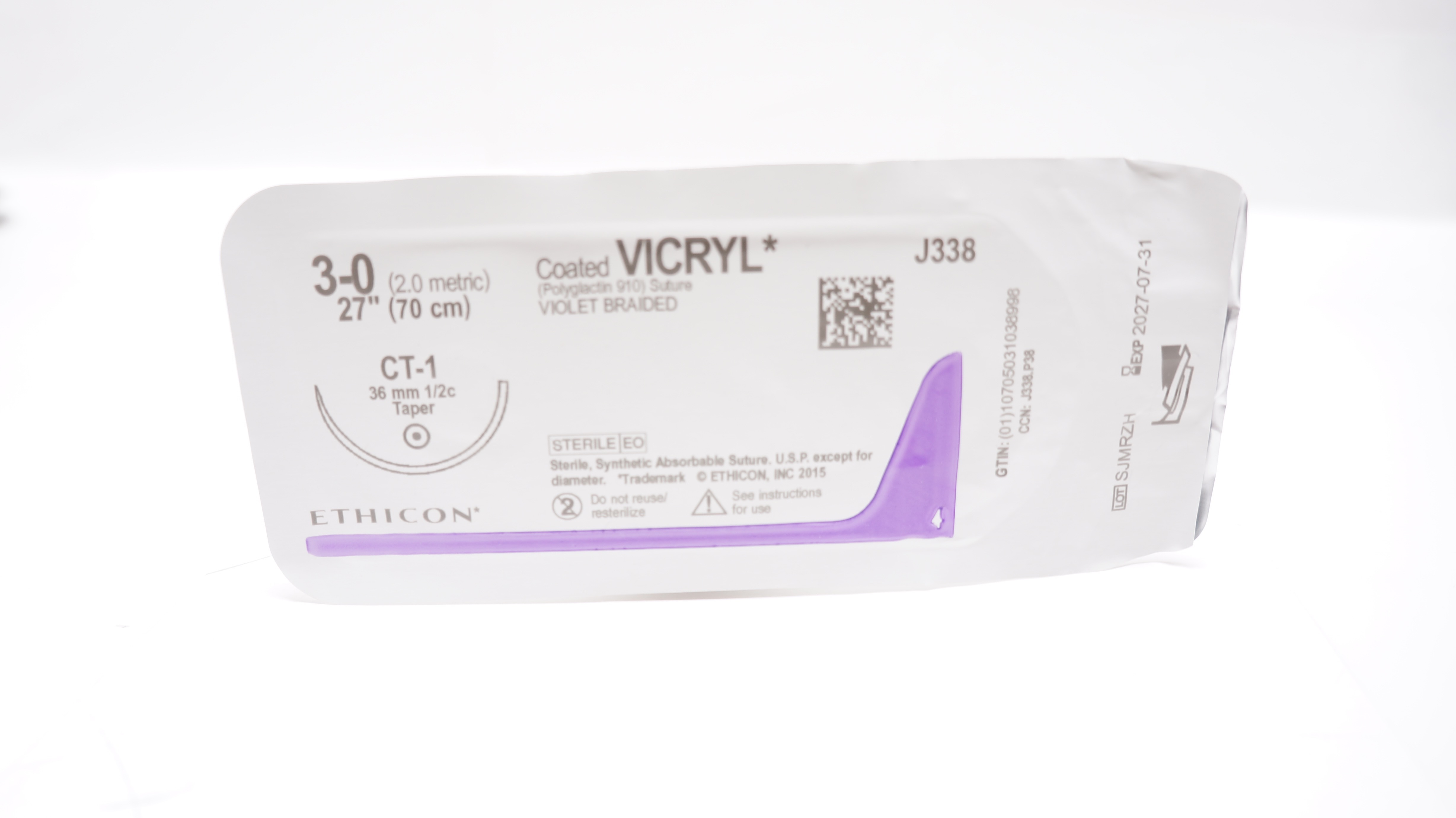 Ethicon J338 3-0 Coated VICRYL,  CT-1 36mm 1/2c Taper,  27inch
