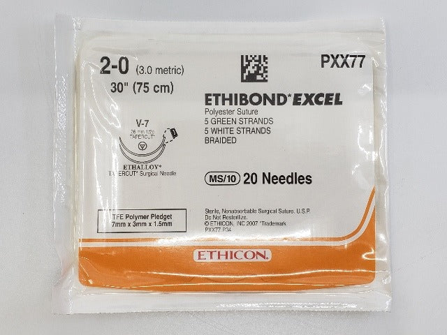 Ethicon PXX77 2-0 ETHIBOND EXCEL, V-7, 26mm 1/2c, 30in. ~ Box  of 12  (x)