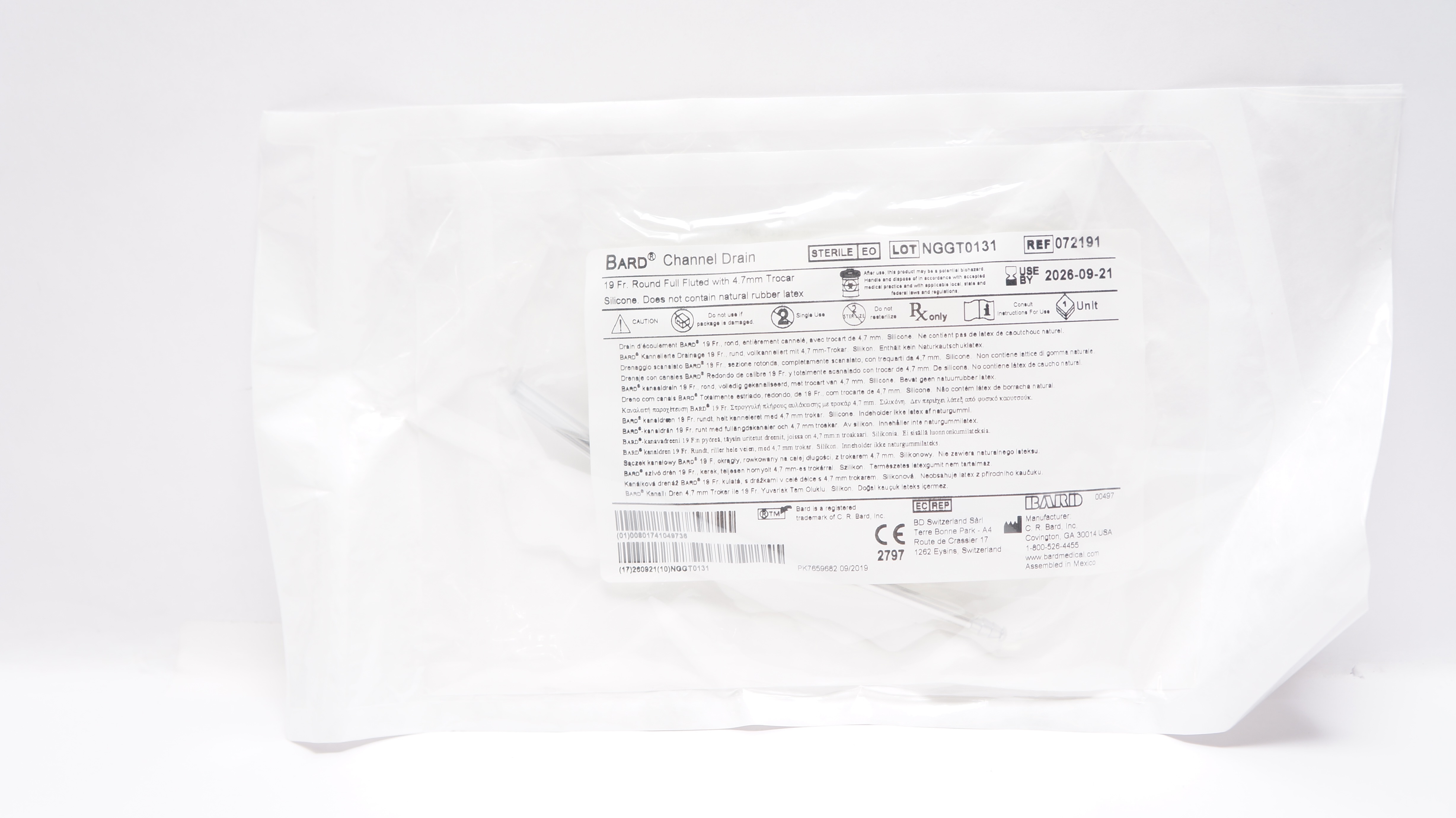 Bard 072191 Channel Drain 19 Fr. Round Full Fluted with 4.7mm Trocar Silicone