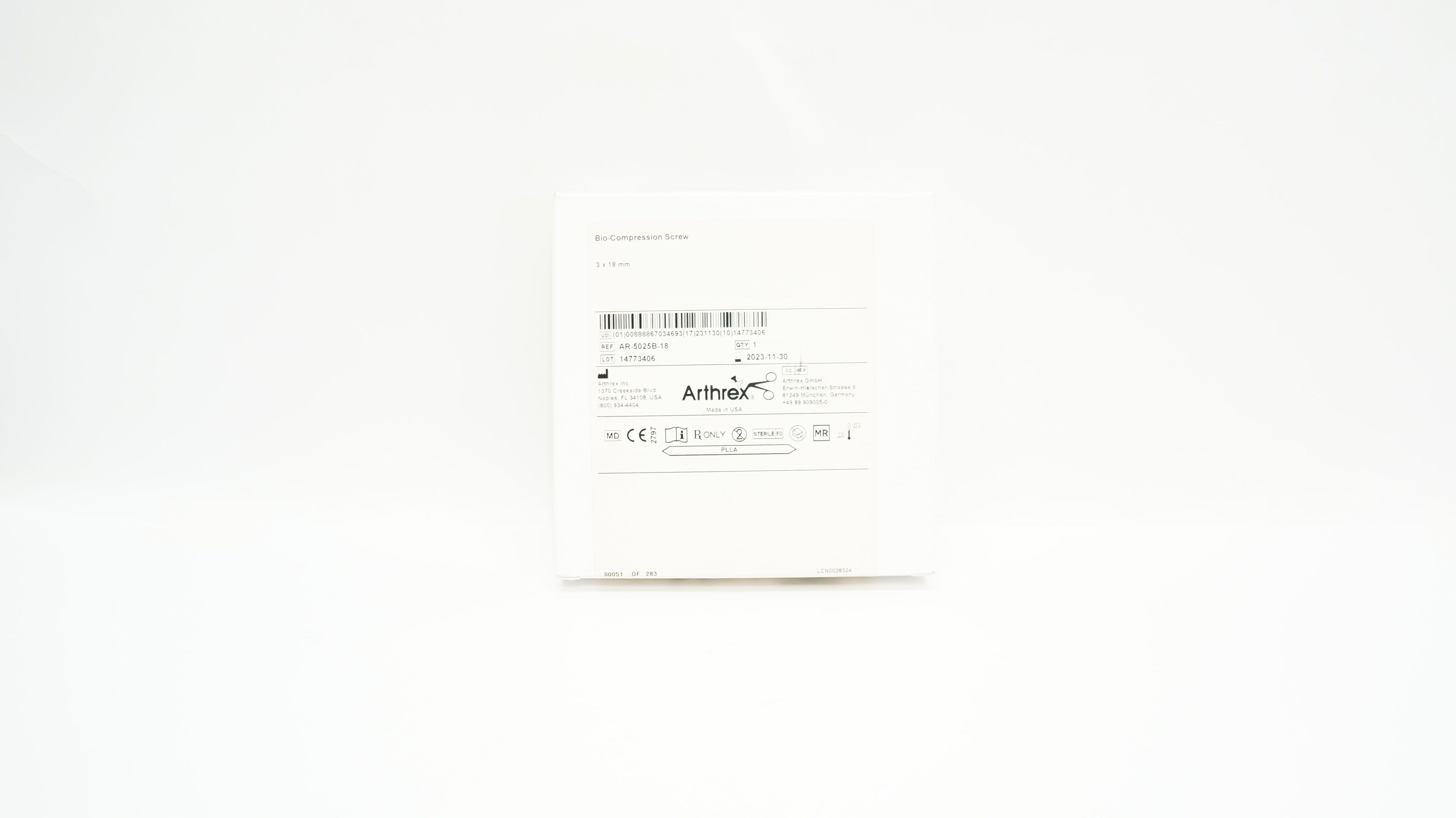 Arthrex AR-5025B-18 Bio-Compression Screw 3mm x 18mm x 3.7mm