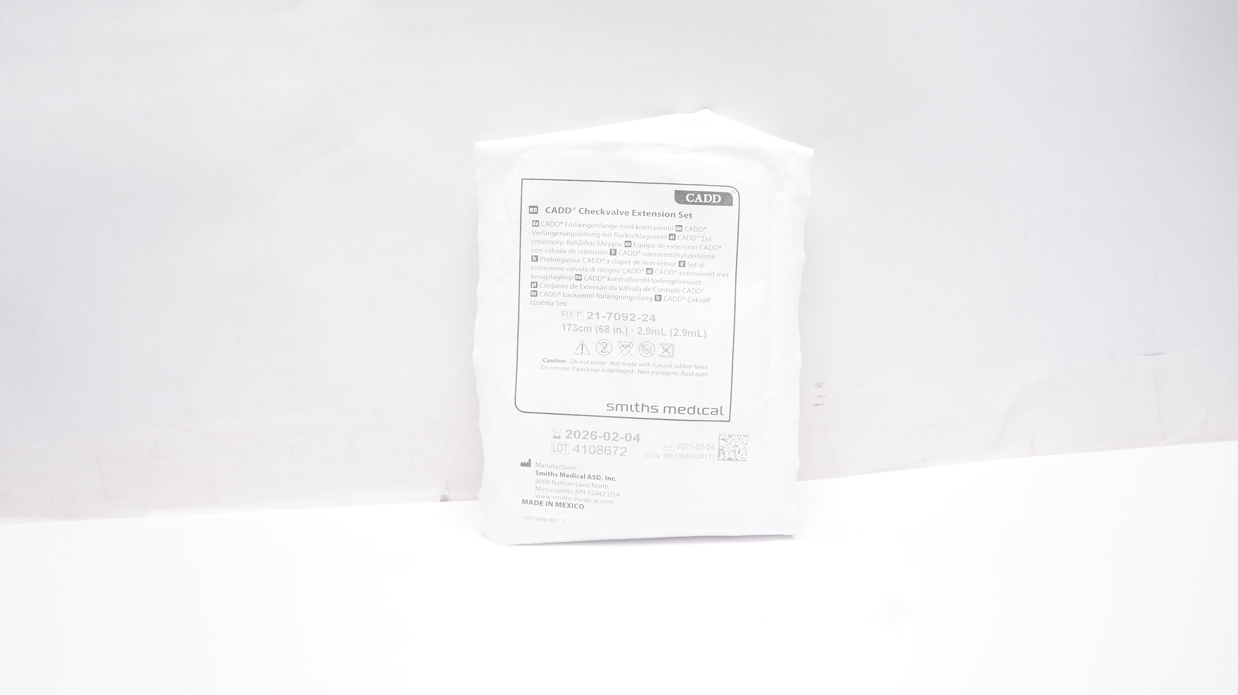 Smiths Medical 21-7092-24 CADD Checkvalve Extension Set 68In, 2.9mL