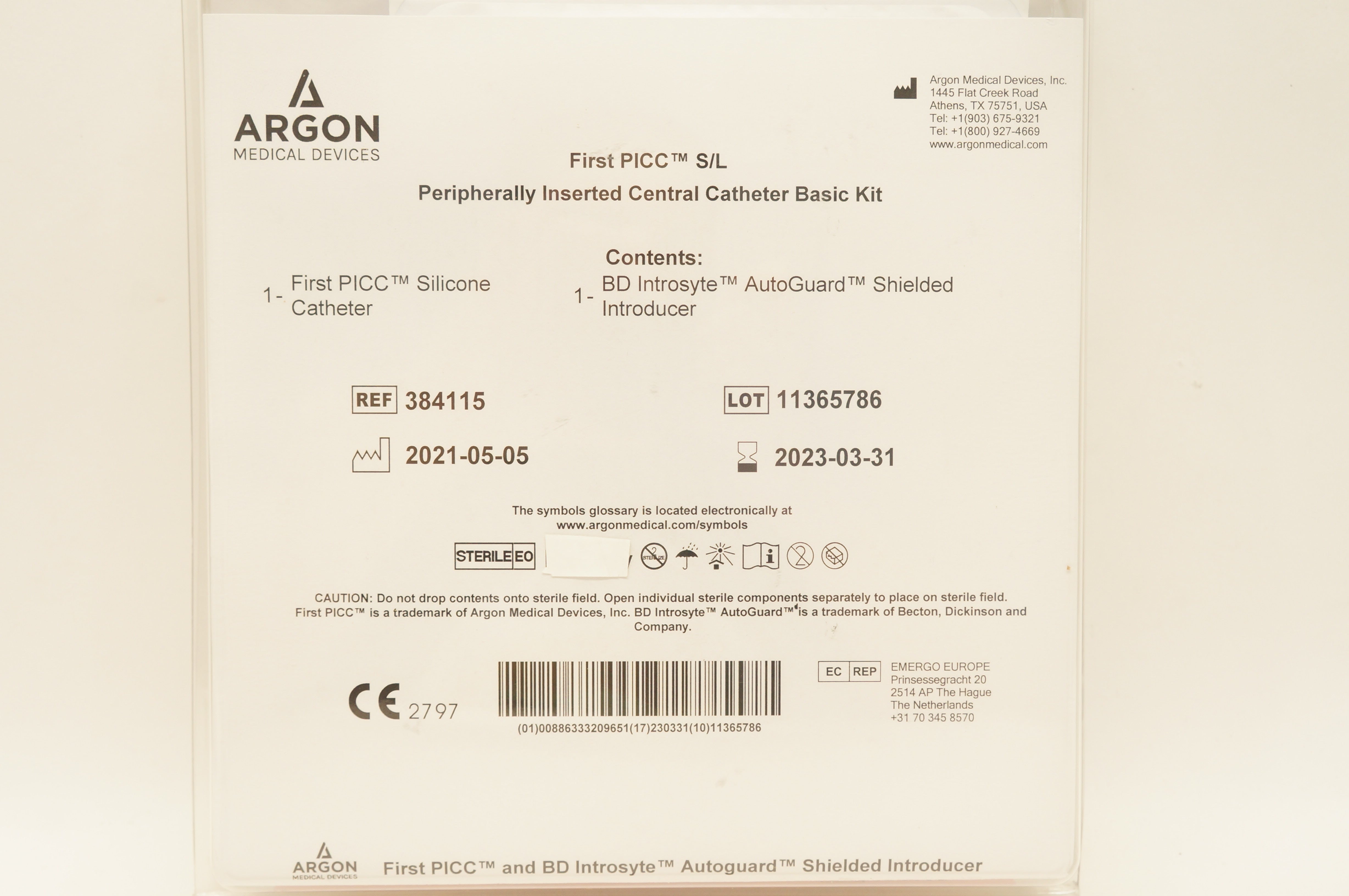 Argon 384115 First PICC S/L Peripherally Inserted Central Cath. Basic Kit
