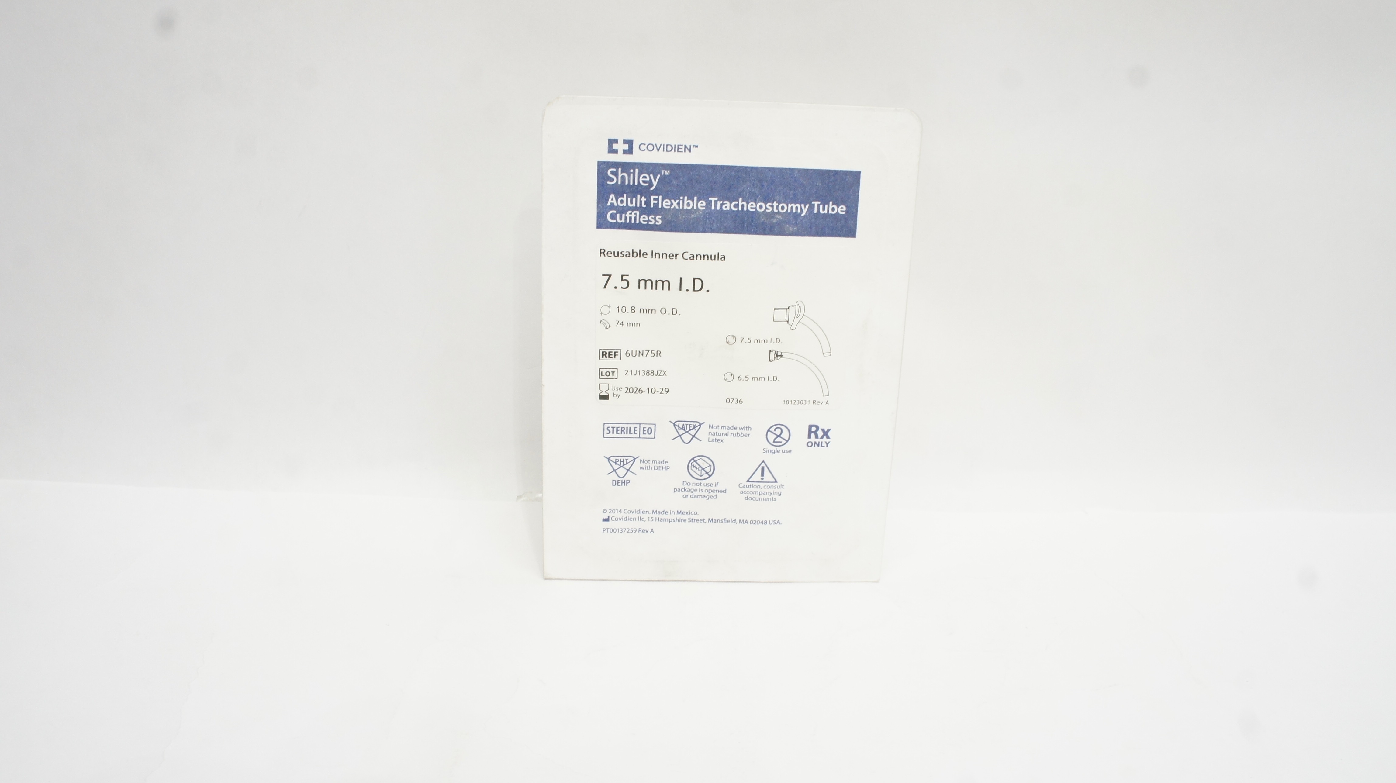 Covidien 6UN75R Shiley Flexible Tracheostomy Tube Cuffless 7.5mm ID x 10.8mm OD