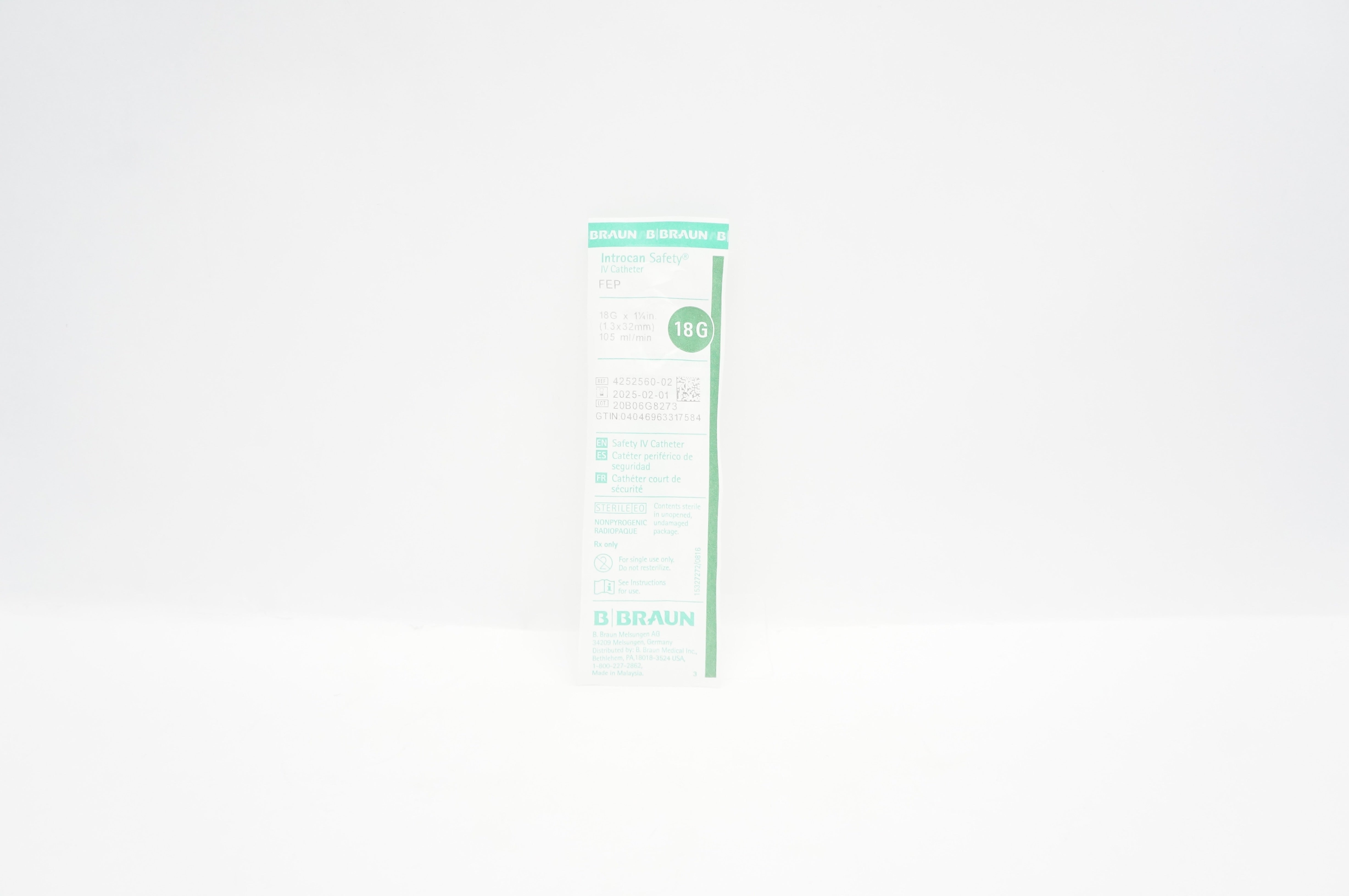 Braun 4252560-02 Introcan Safety FEP IV Cath. 18G x 1 1/4inch 105ml/min