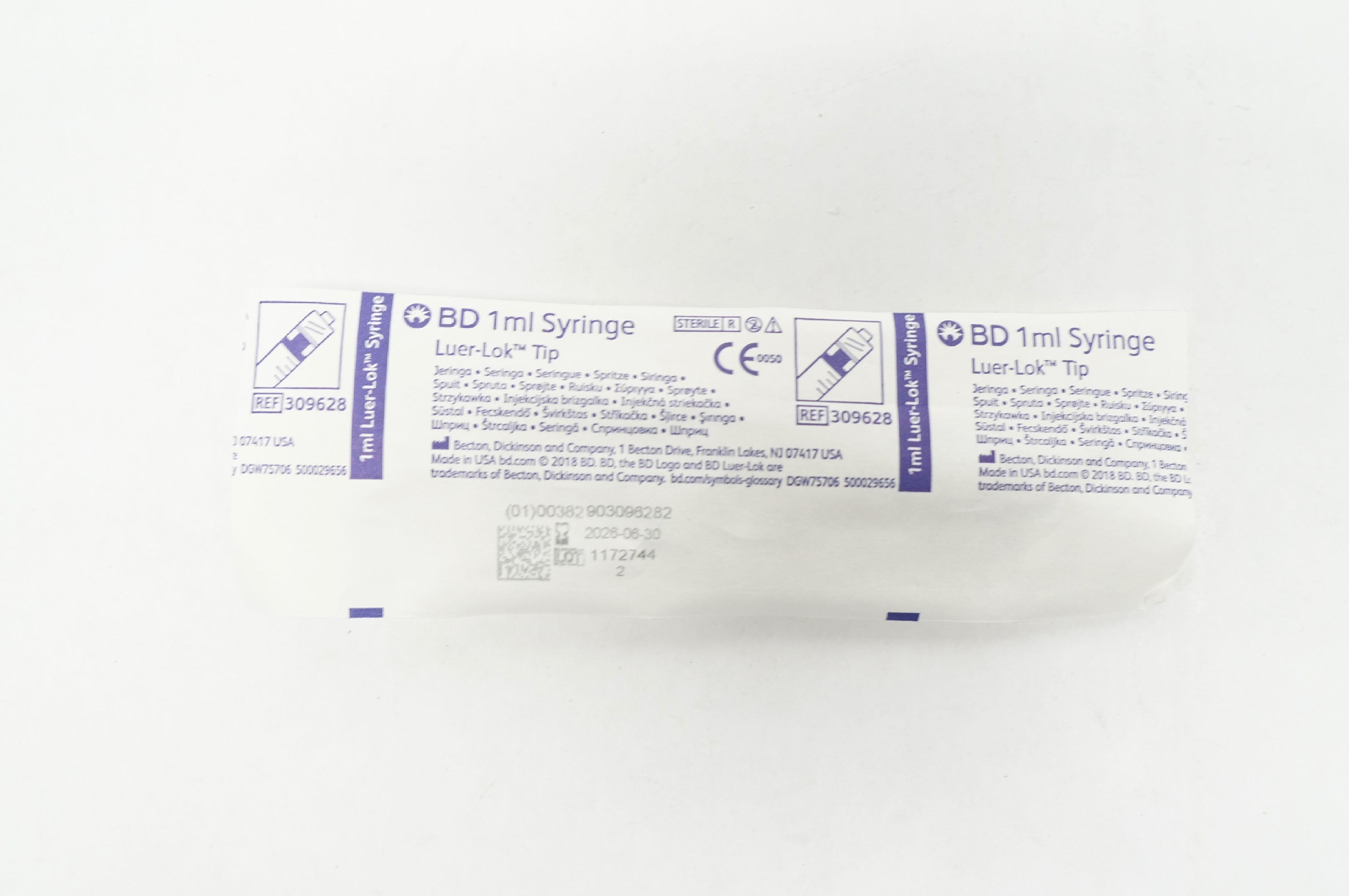 BD 309628  Luer Lok Tip Syringe 1mL