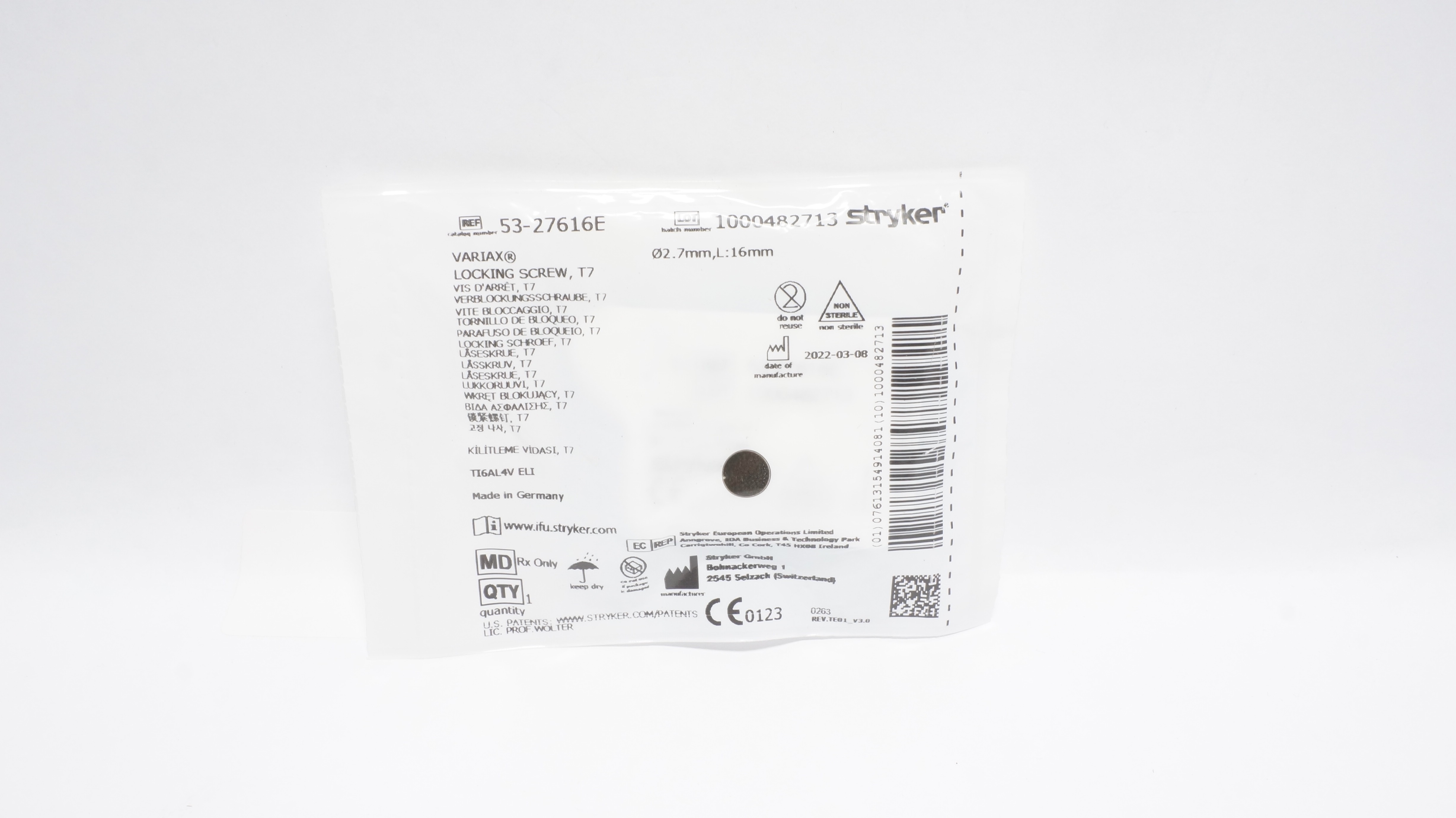 Stryker 53-27616E Variax Locking Screw T7 2.7mm x 16mm