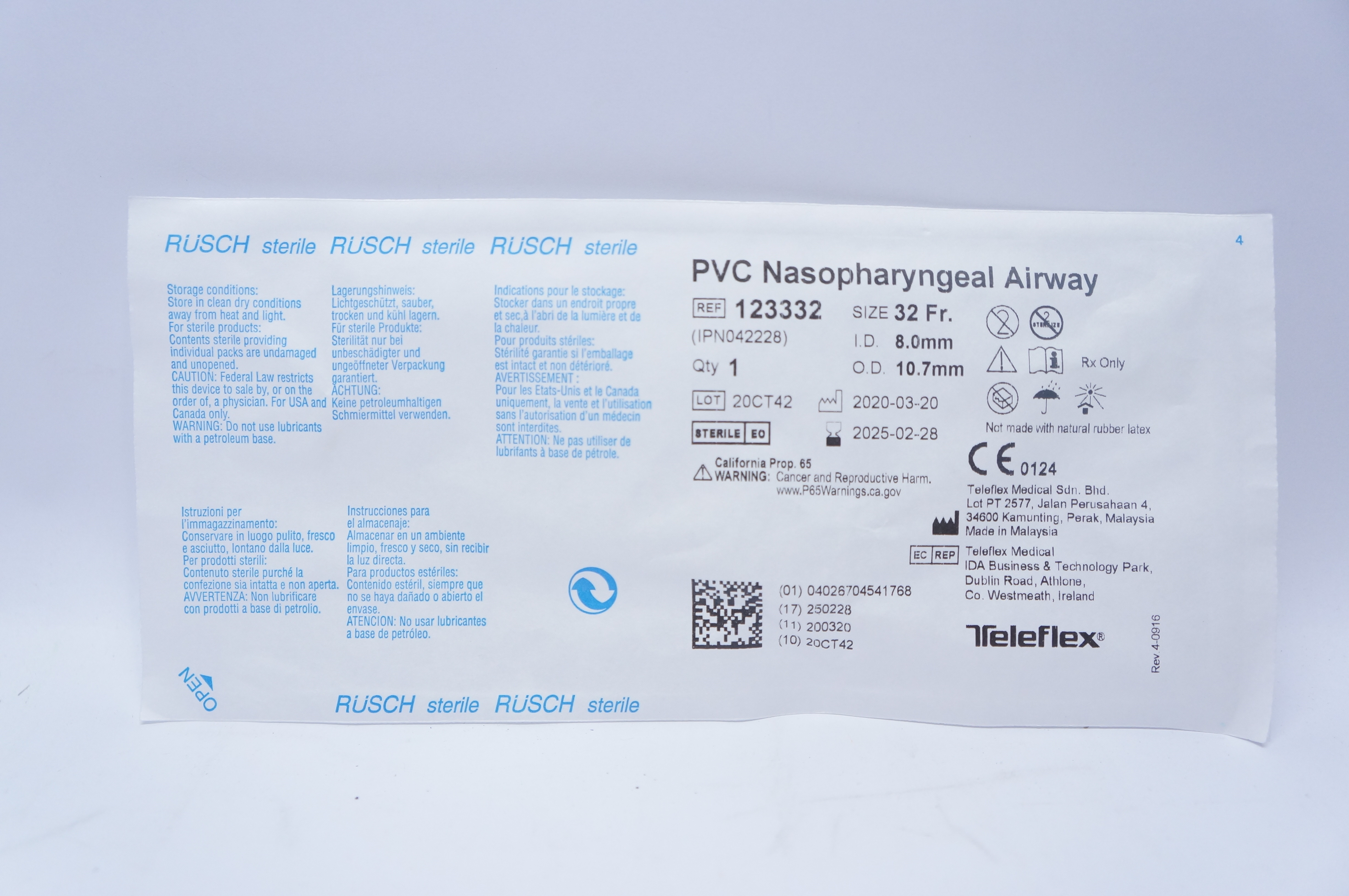 Teleflex 123332 PVC Nasopharyngeal Airway  32 Fr. 8.0mm x 10.7mm