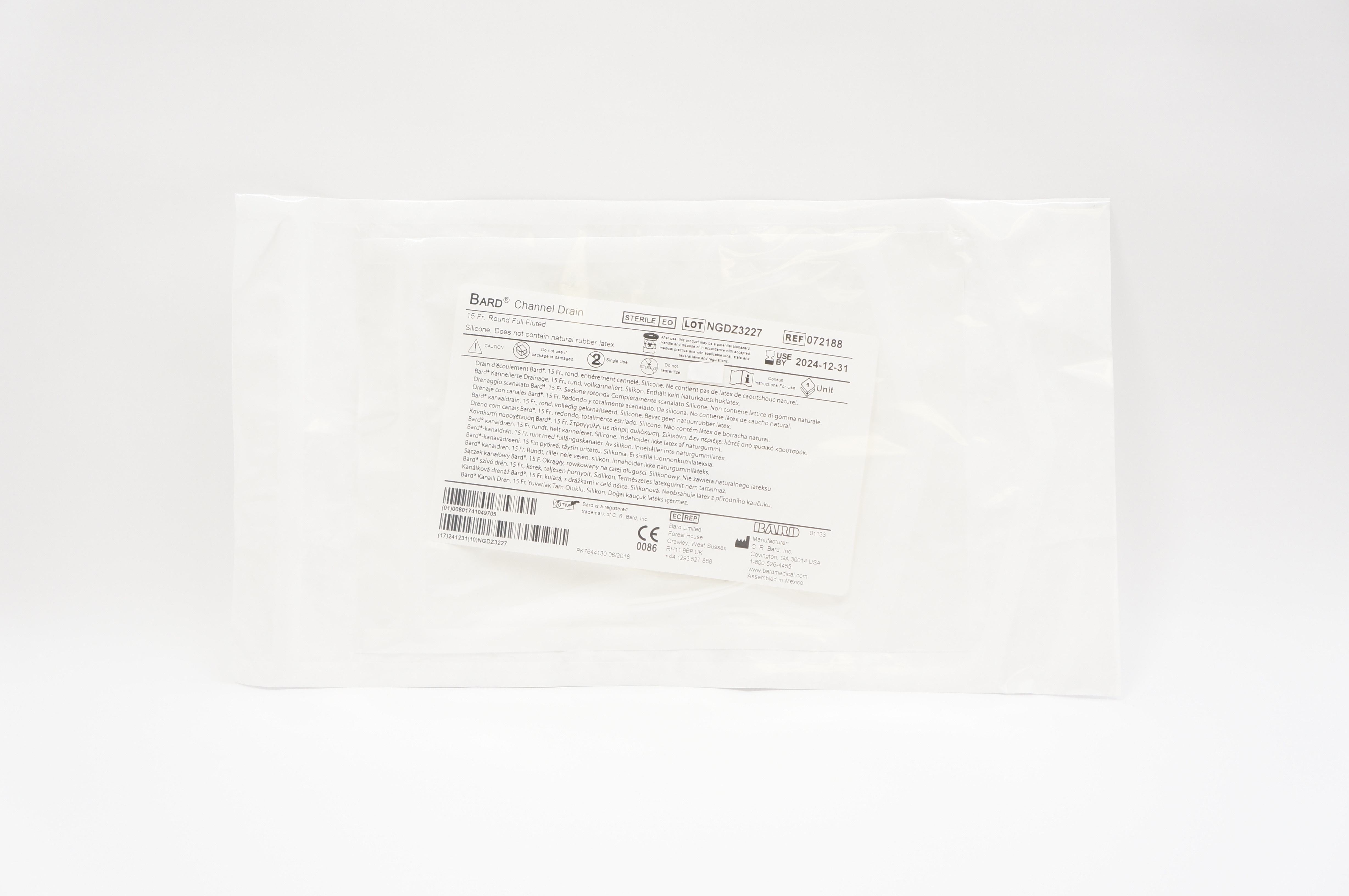 Bard 072188 Channel Drain 15 Fr. Round Full Fluted, Silicone