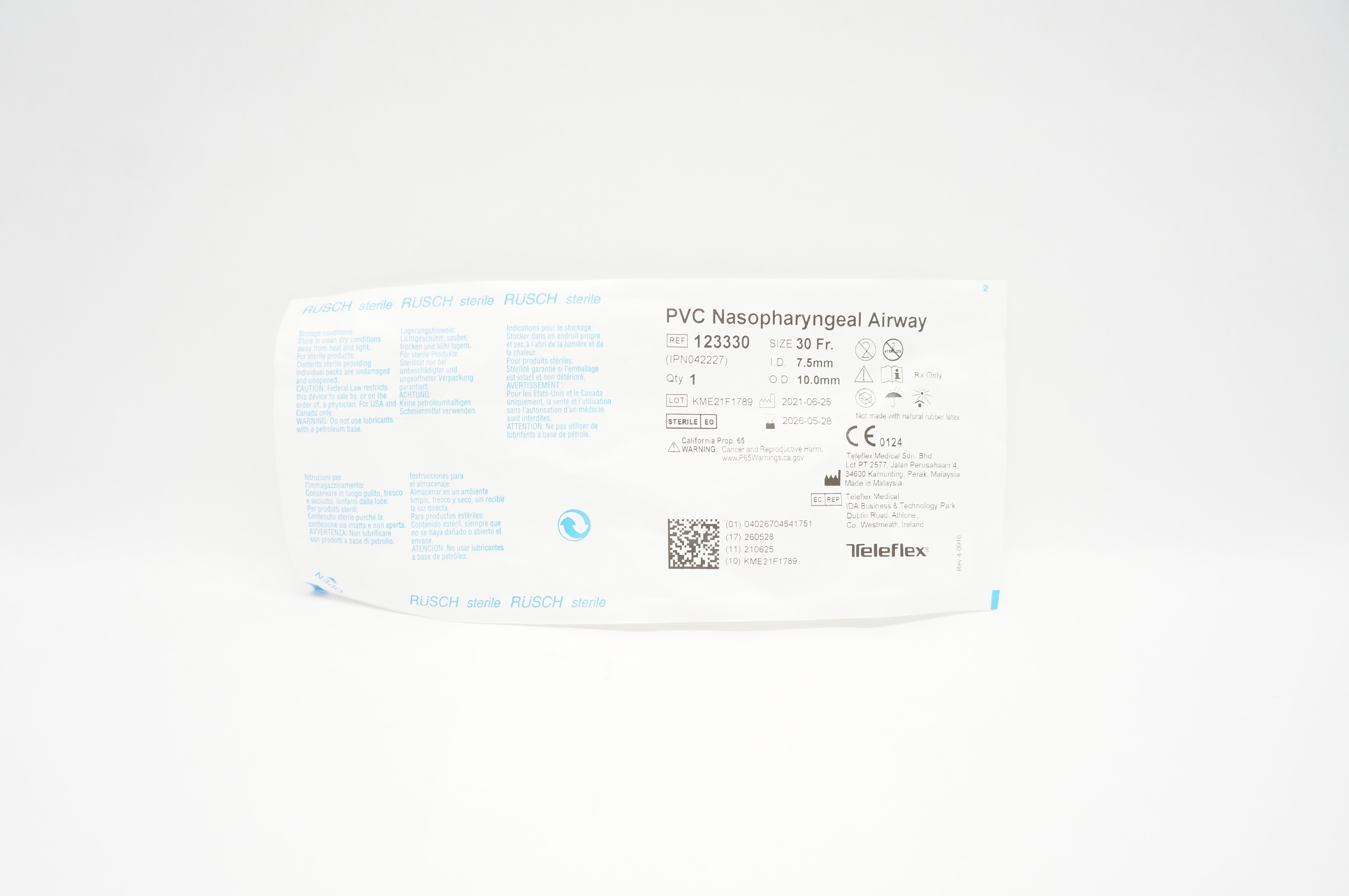 Teleflex 123330 Rusch PVC Nasopharyngeal Airway 30Fr x 7.5mm I.D. x 10.0 O.D. mm