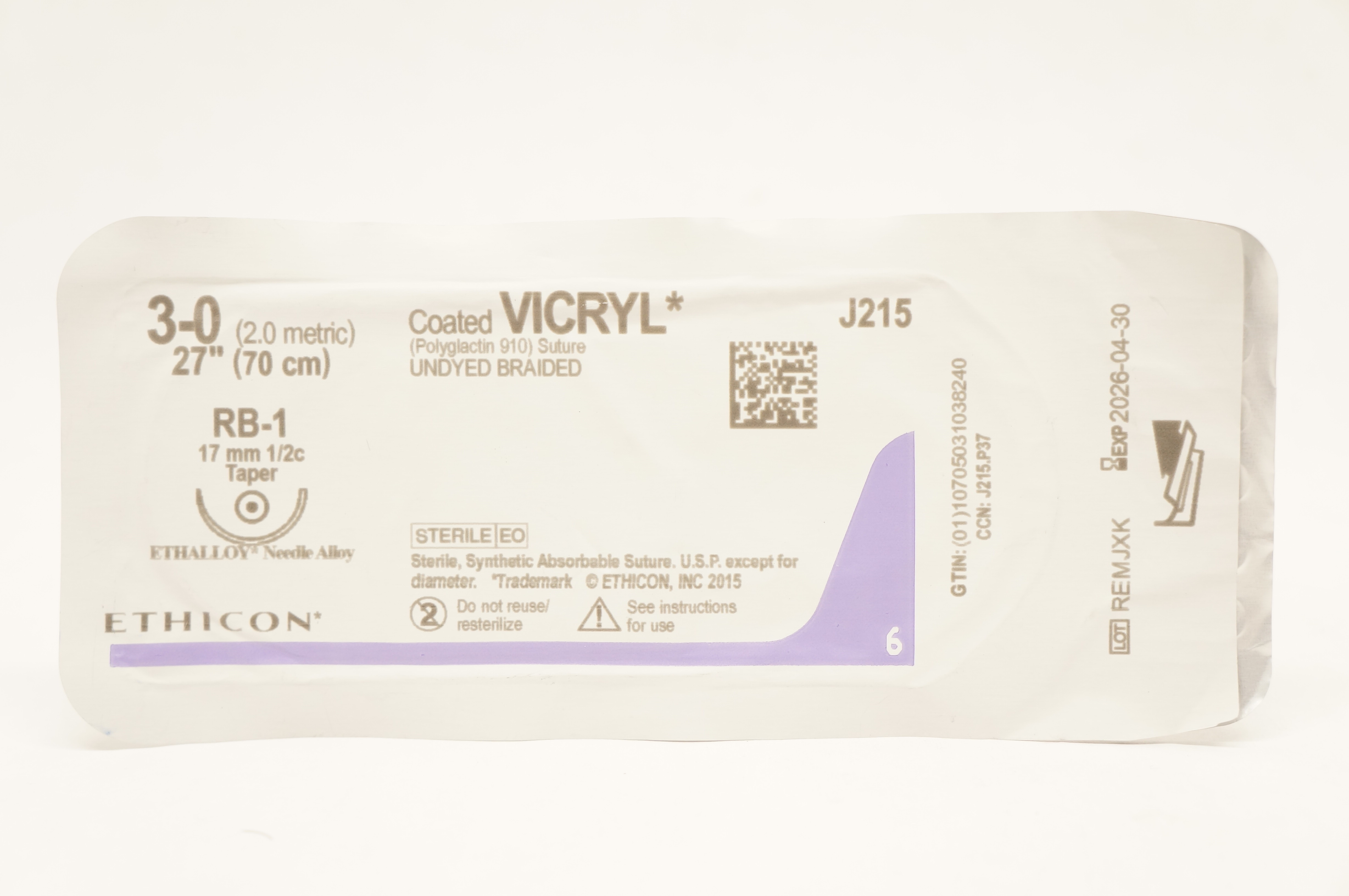 Ethicon J215 3-0 Coated VICRYL Polyglactin 910 Stre RB-1 17mm 1/2c Taper, 27inch
