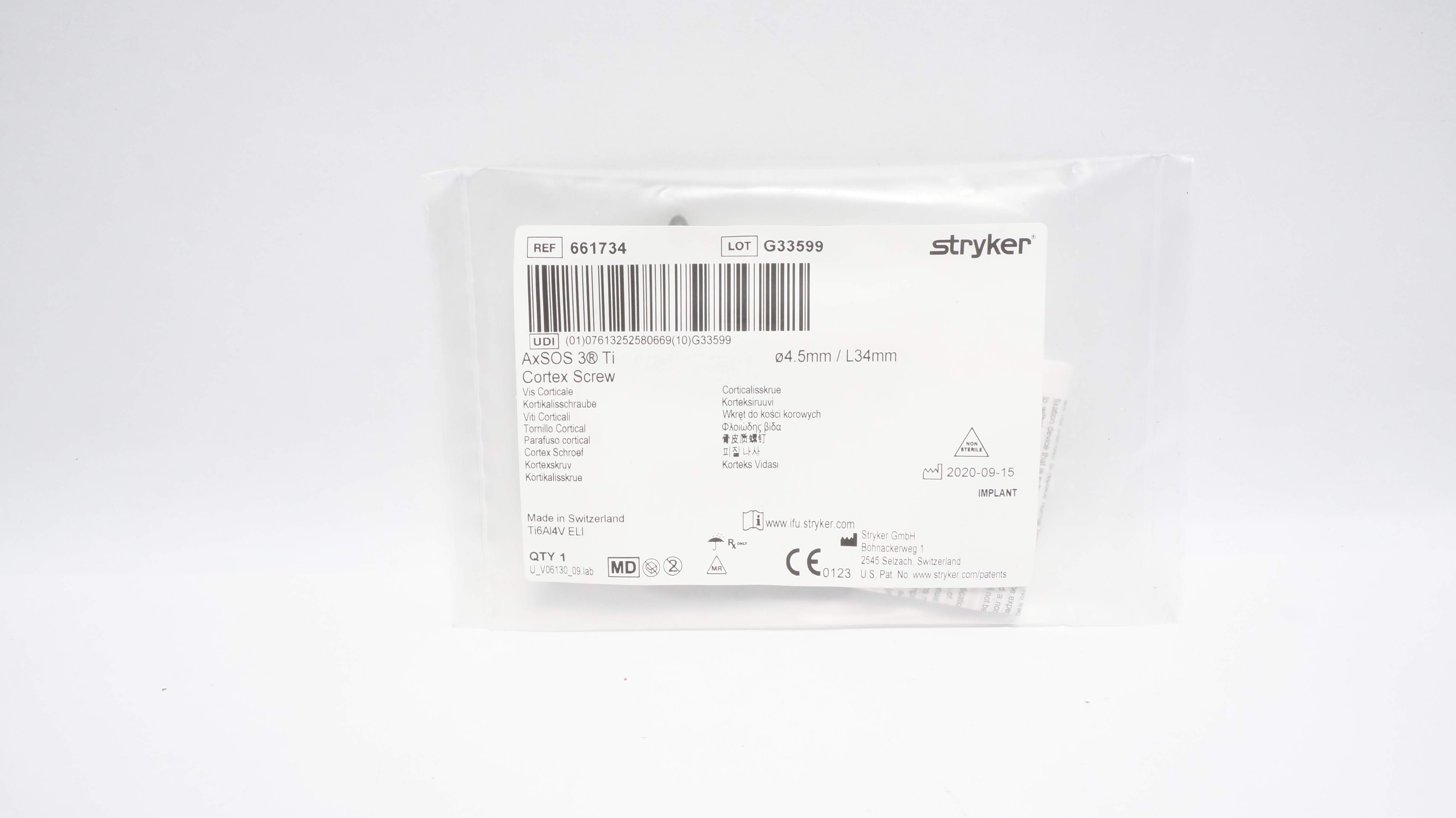 Stryker 661734 AxSOS 3 Ti Cortex Screw 4.5mm/L34mm