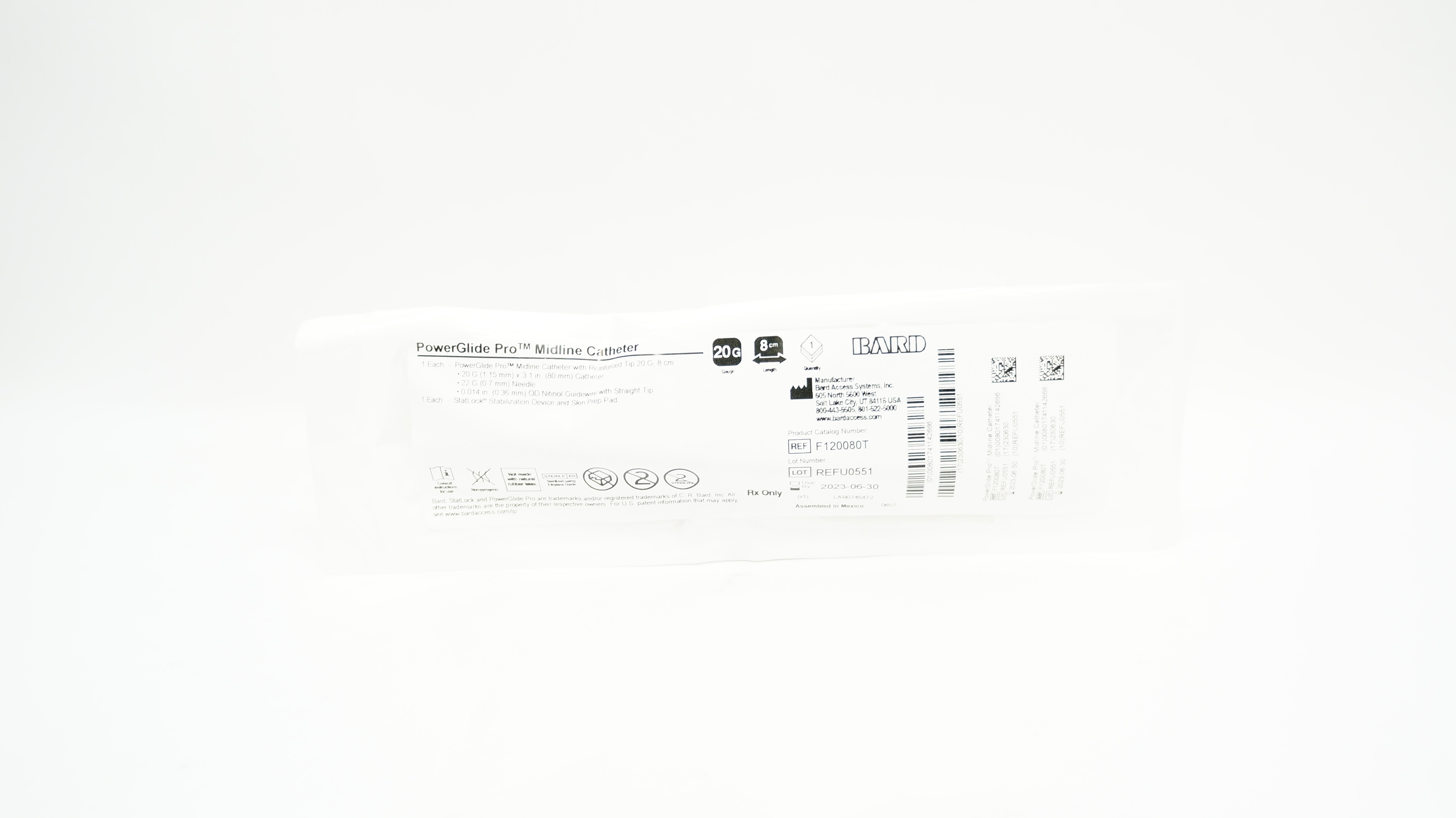Bard F120080T PowerGlide Pro Midline Cath. w/Reinforced Tip 20G x 8cm (x)