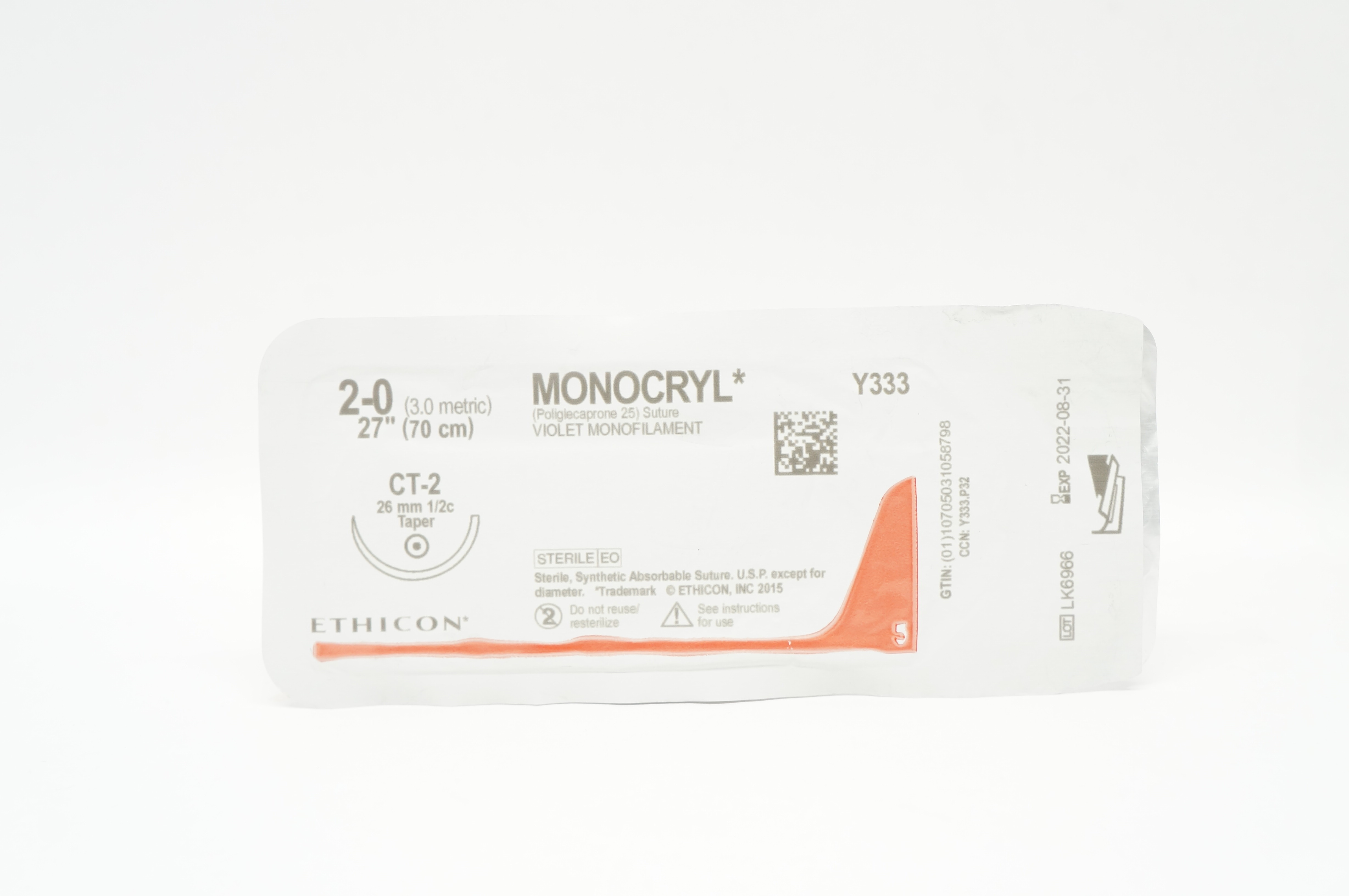 Ethicon Y333 2-0 27in. MONOCRYL, CT-2 26mm Violet Monofilament Suture