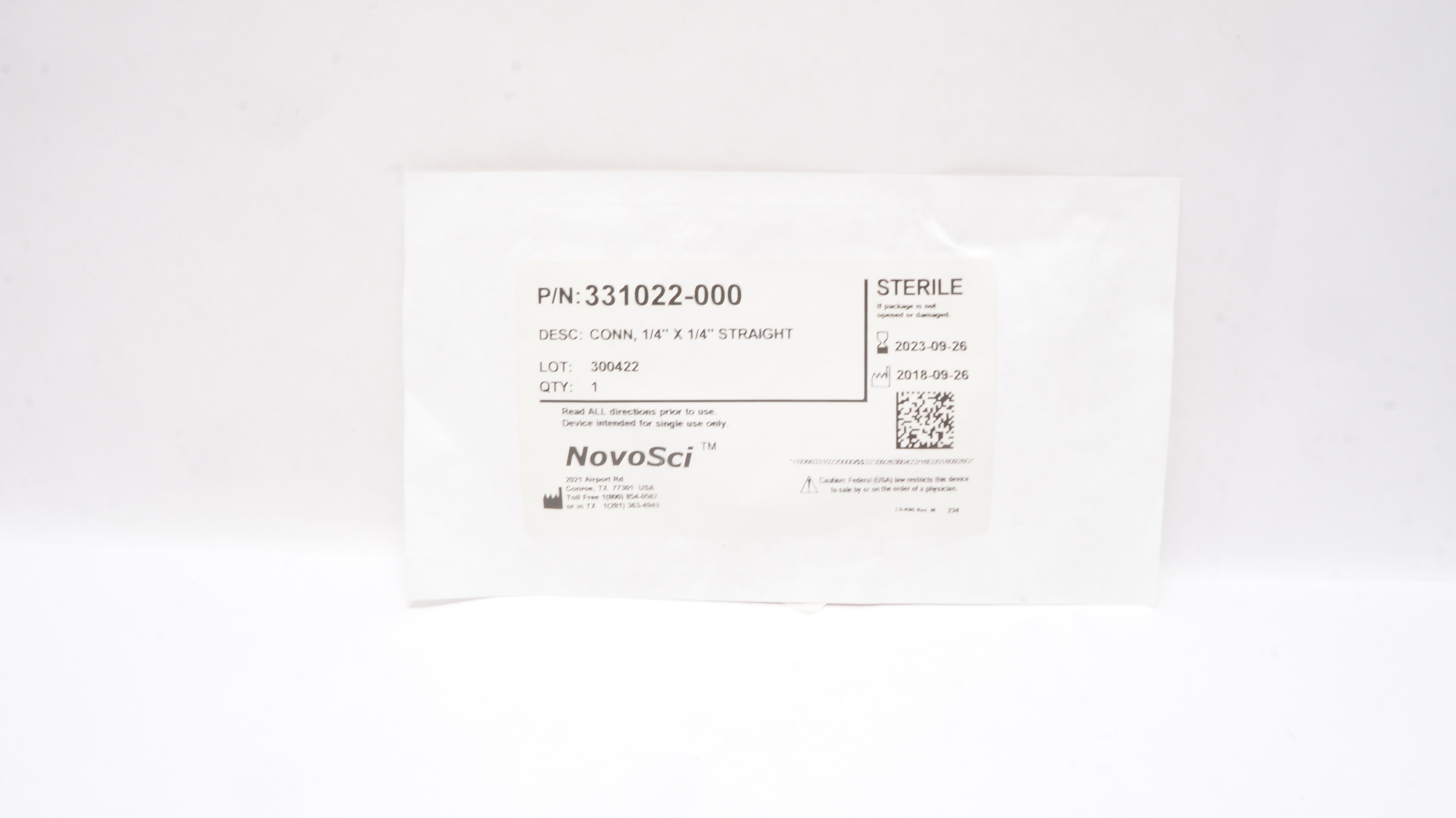 NovoSci 331022-000 Connector, Straight 1/4inch x 1/4inch