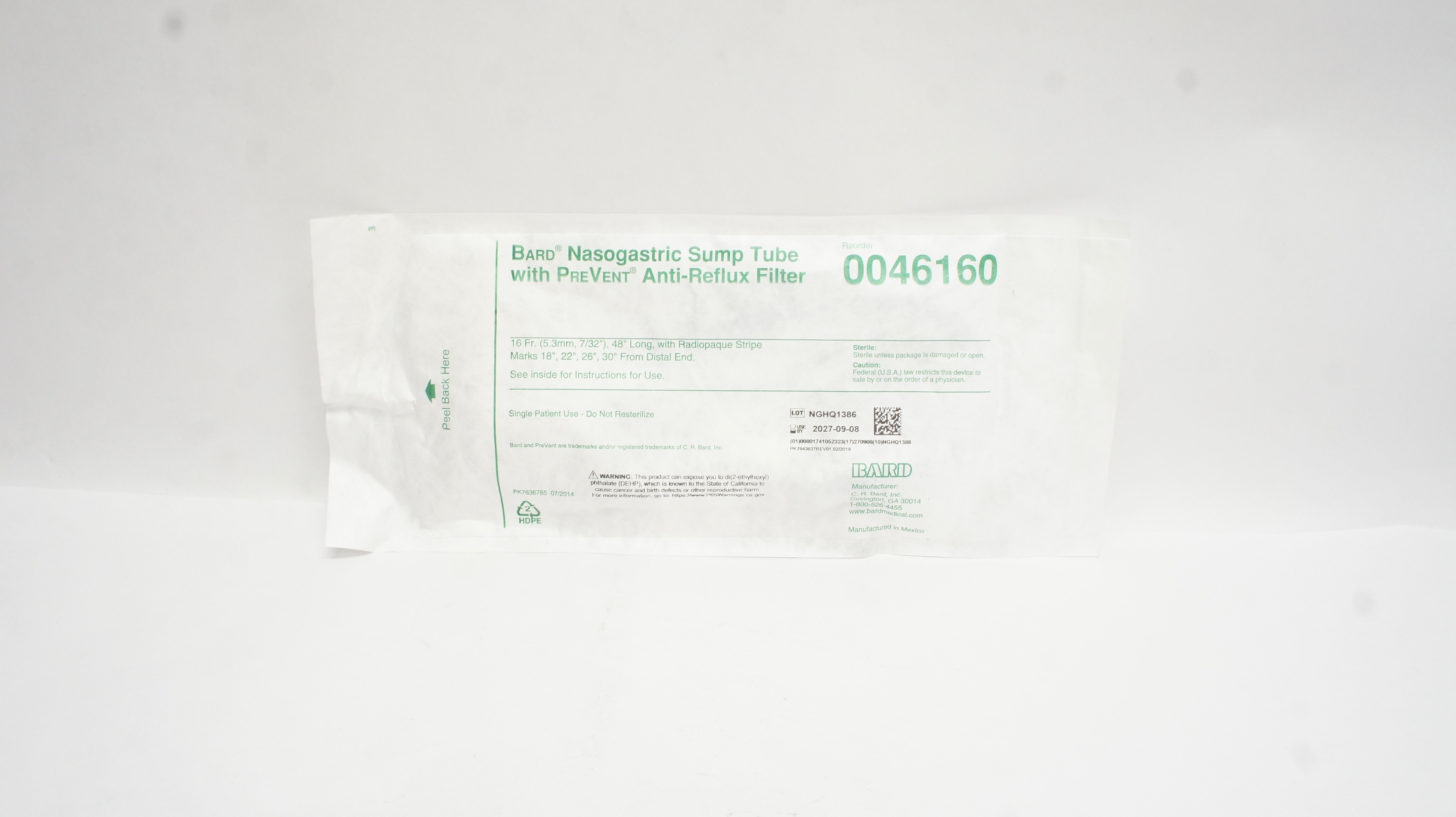 Bard 0046160 Nasogastric Sump Tube W/PreVent Anti-Reflux Filter 16Fr x 48inch