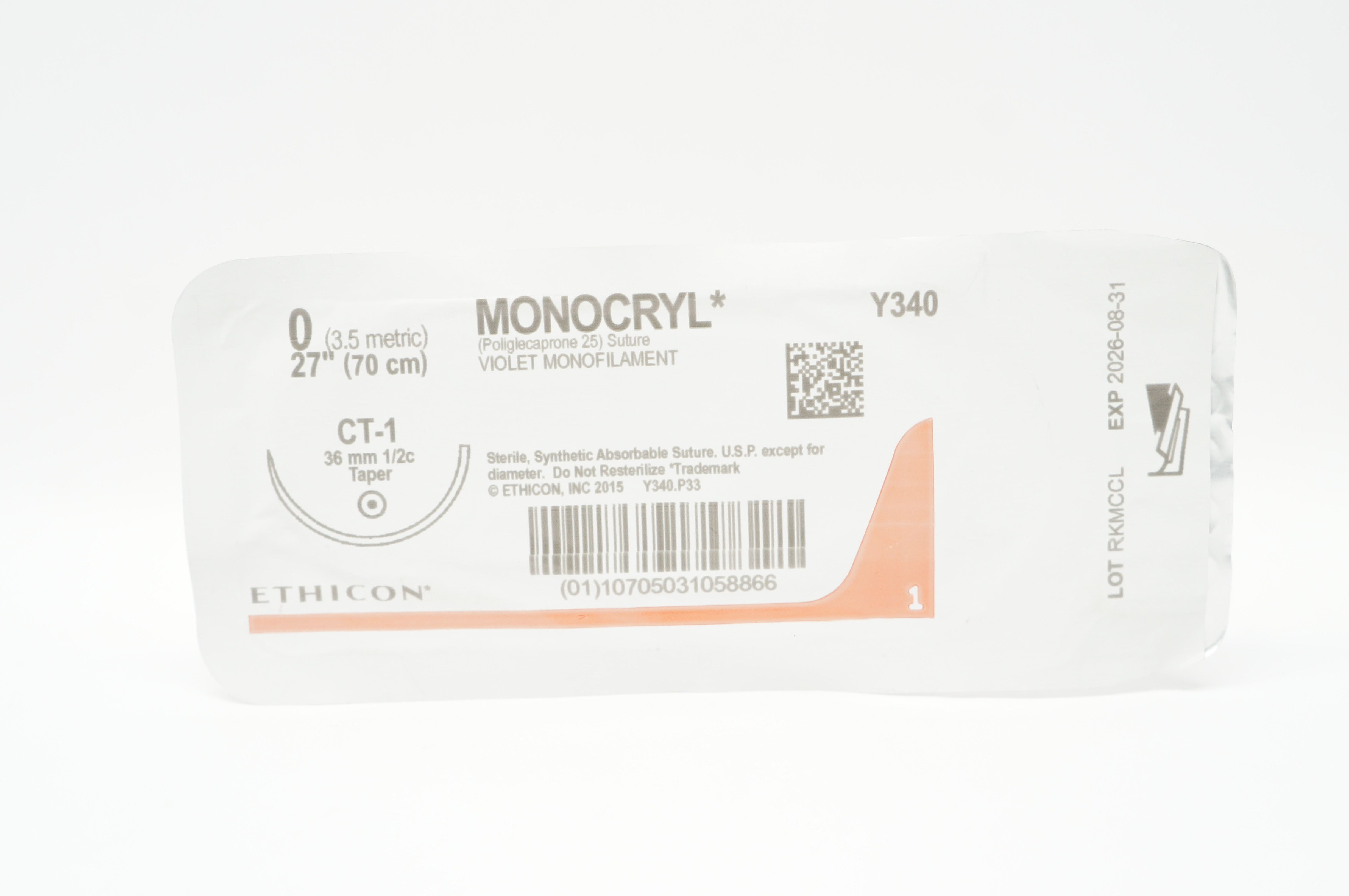 Ethicon Y340 0 MONOCRYL Violet Monofilament Stre CT-1 36mm 1/2c Taper 27inch