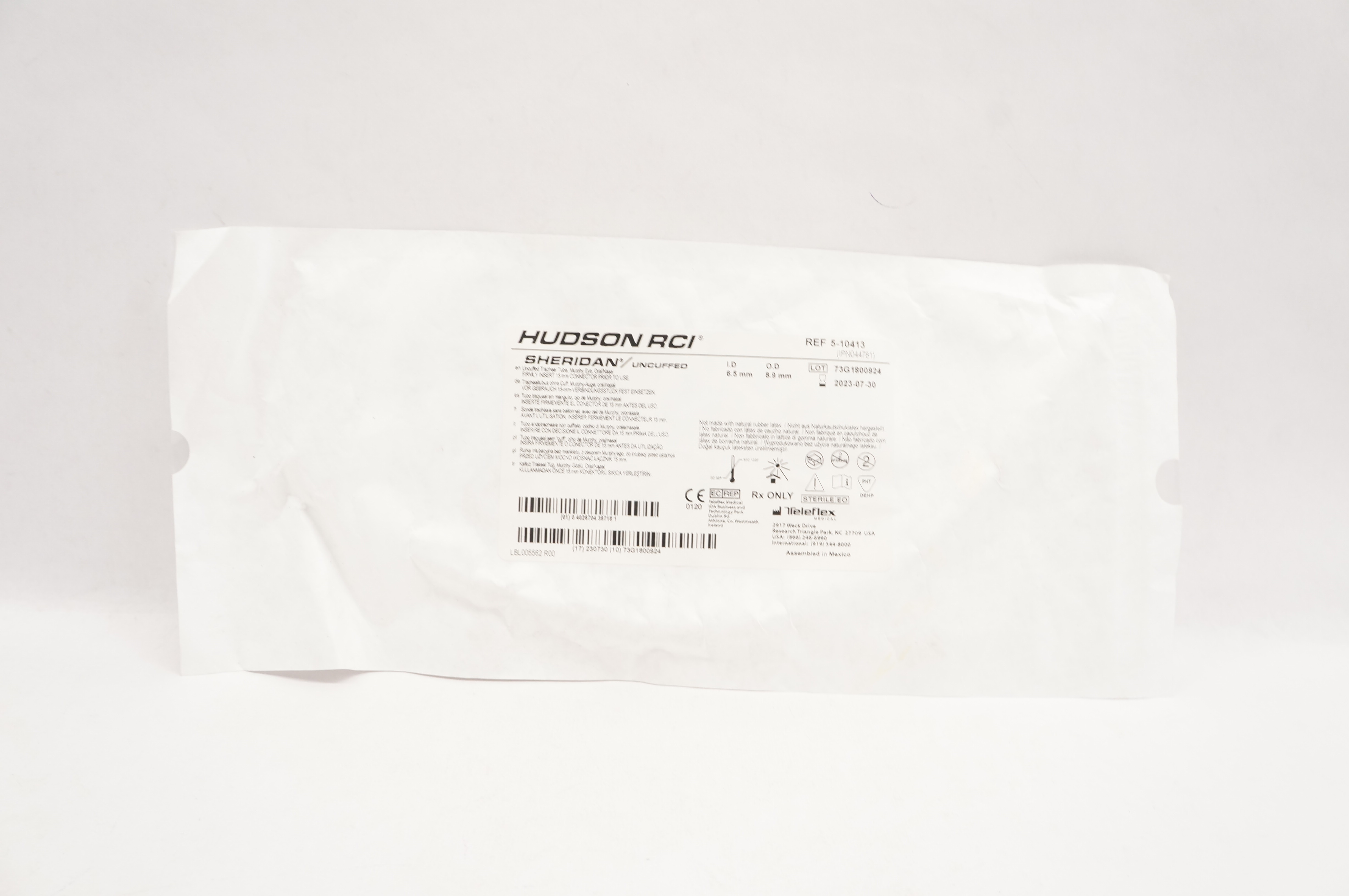 Teleflex 5-10413 Hudson RCI Sheridan Uncuffed Tracheal Tube 6.5mm ID x 8.9mm OD