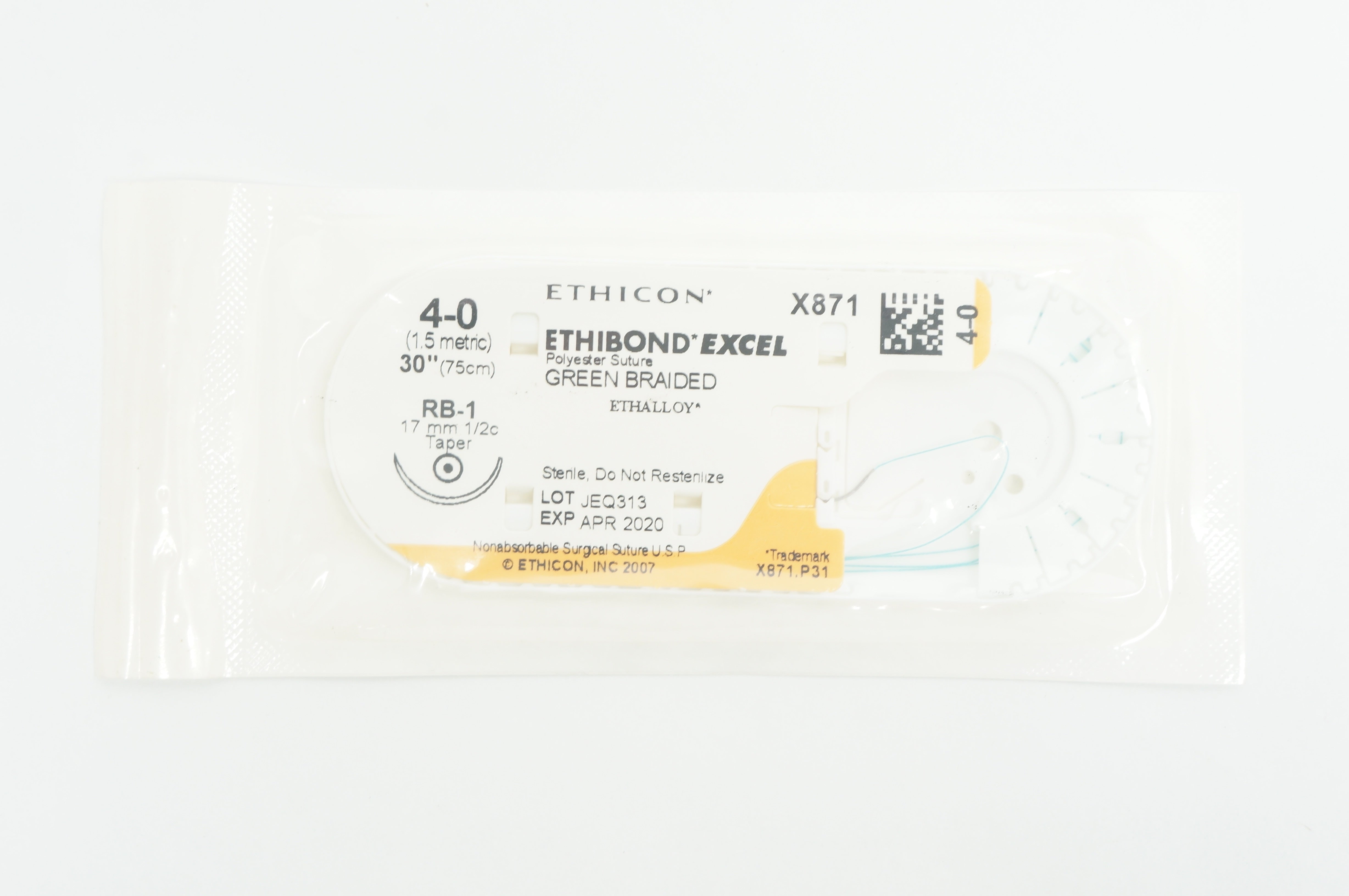 Ethicon X871 4-0 ETHIBOND EXCEL, RB-1, 17mm 1/2c Taper, 30inch (x)