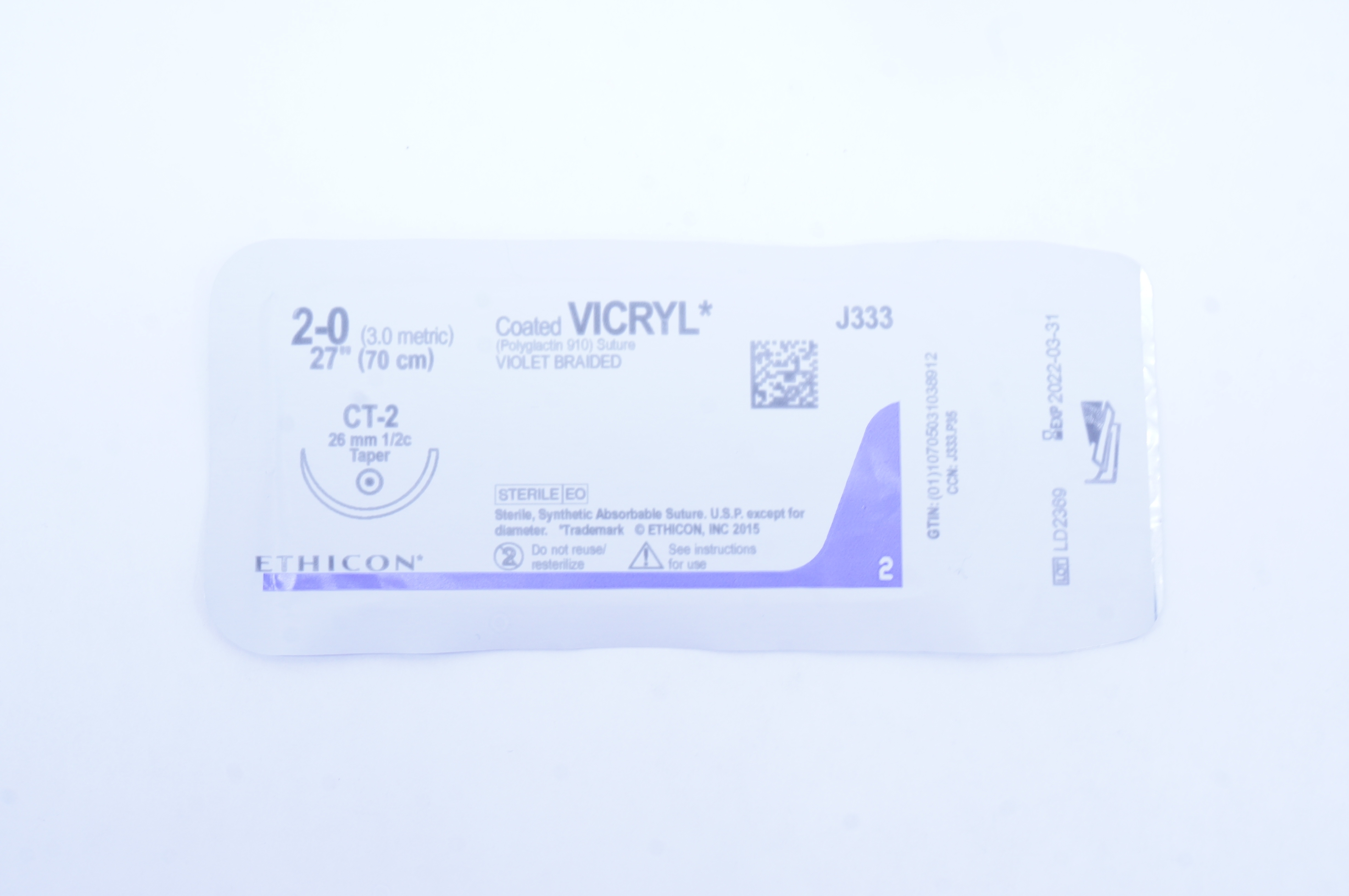 Ethicon J333 2-0 Coated VICRYL Stre CT-2 26mm 1/2c Taper, 27 inch
