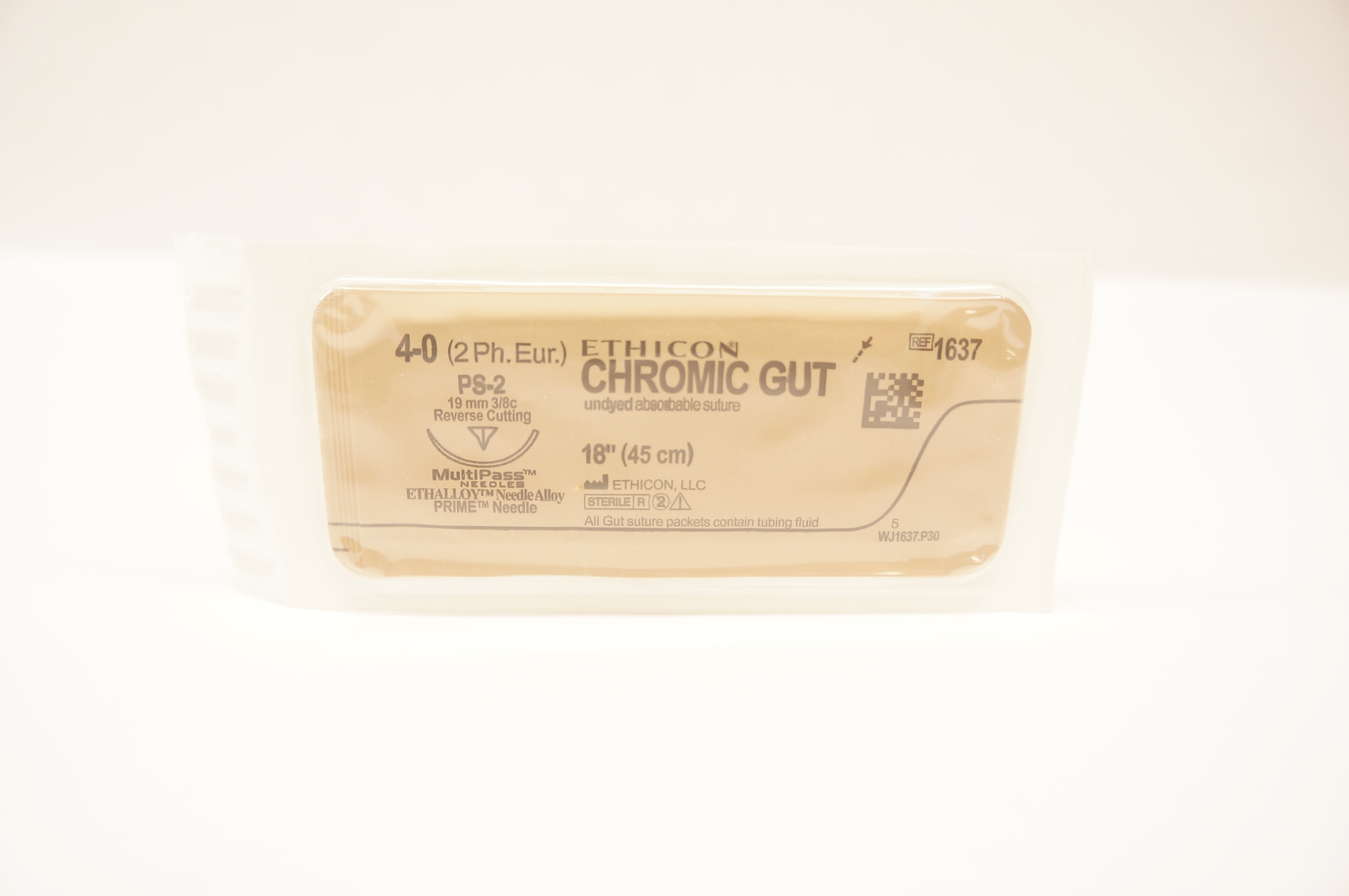 Ethicon 1637 4-0 CHROMIC GUT Undyed Stre PS-2 19mm 3/8c Reverse Cutting, 18inch