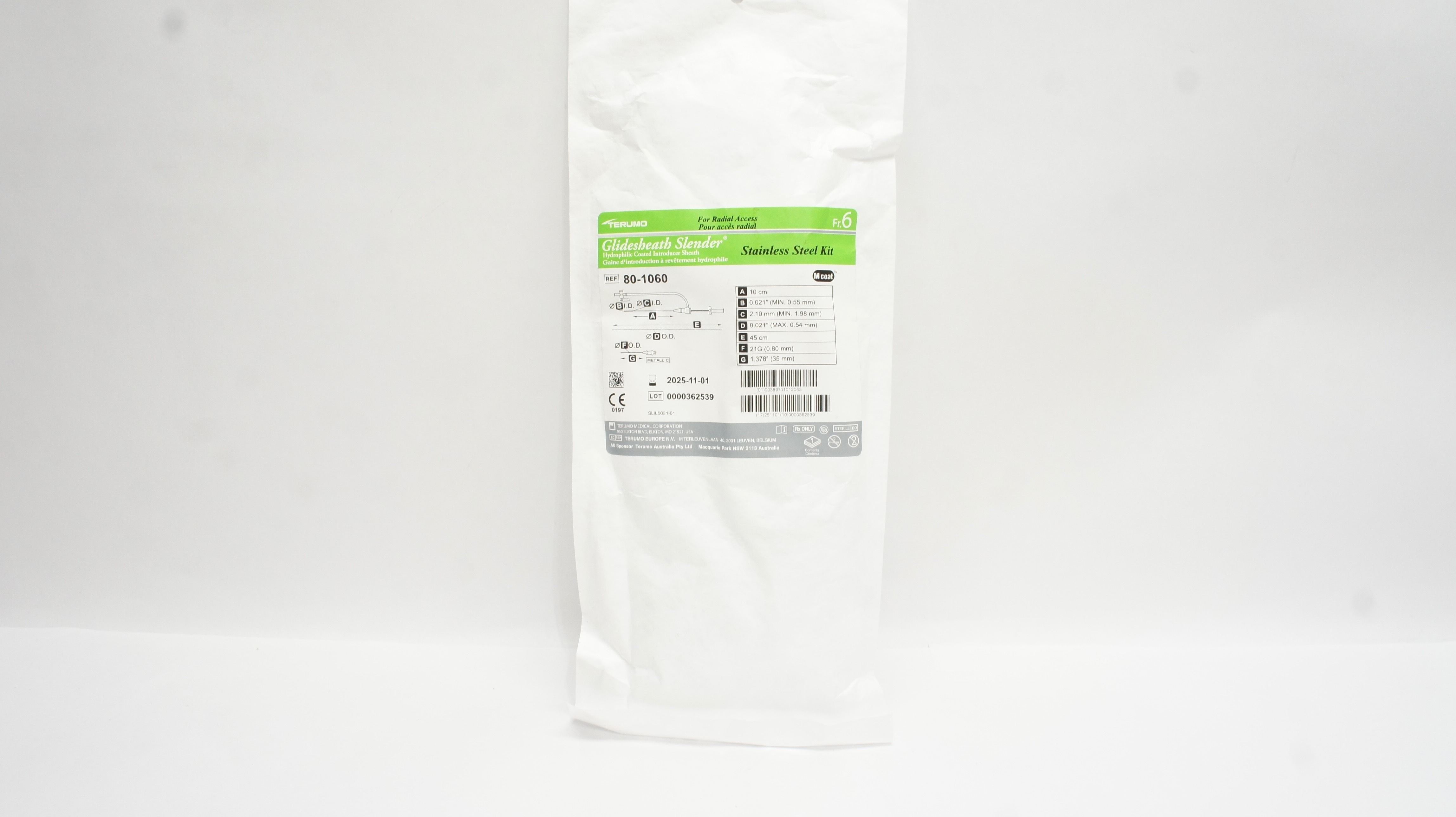 Terumo 80-1060 GlideSheath Slender Stainless-Steel Kit 6F x 10cm, 21G