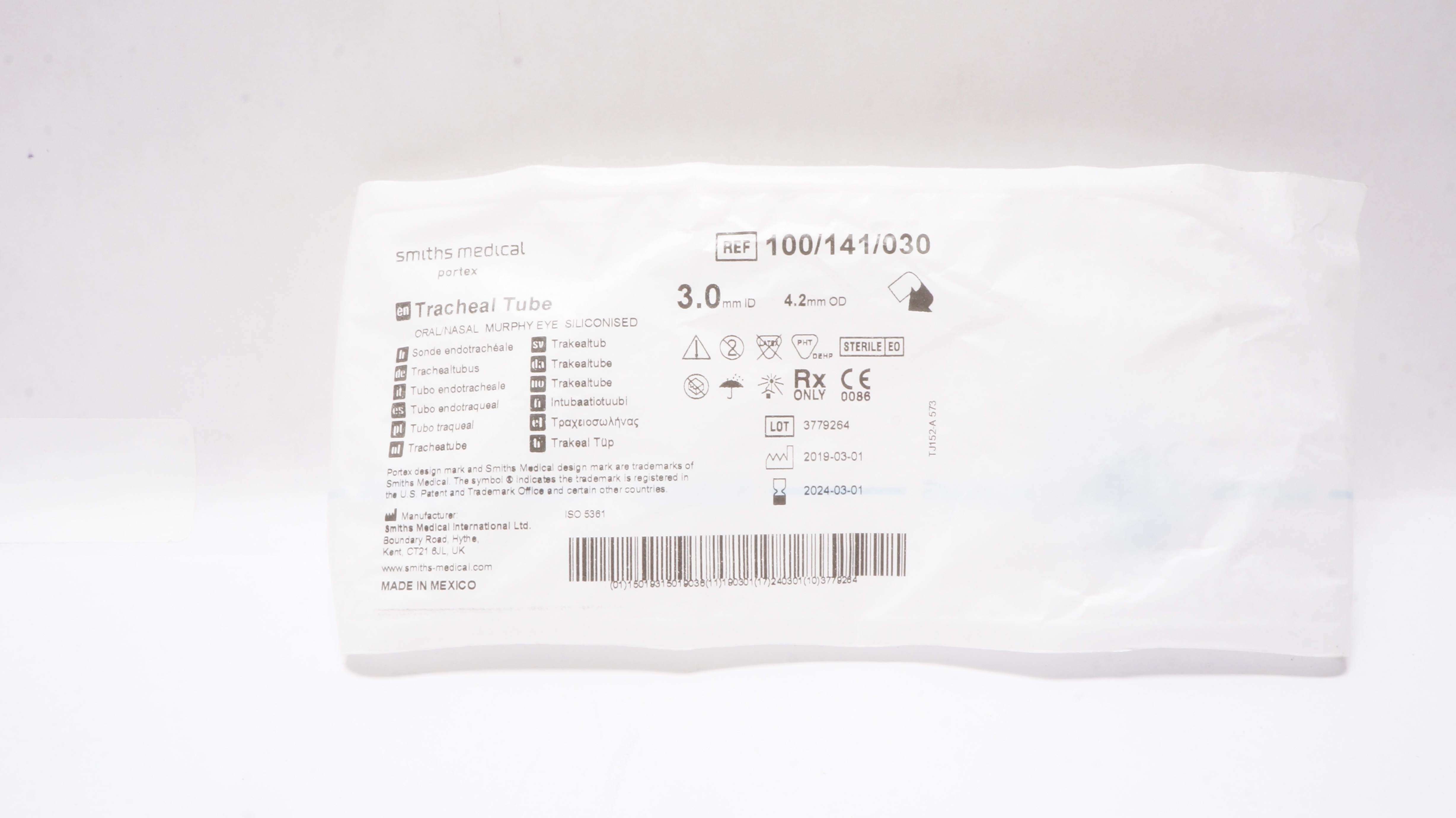 Smiths Medical 100/141/030 Portex oral/Nasal Tracheal Tube 3.0mm ID x 4.2mm OD