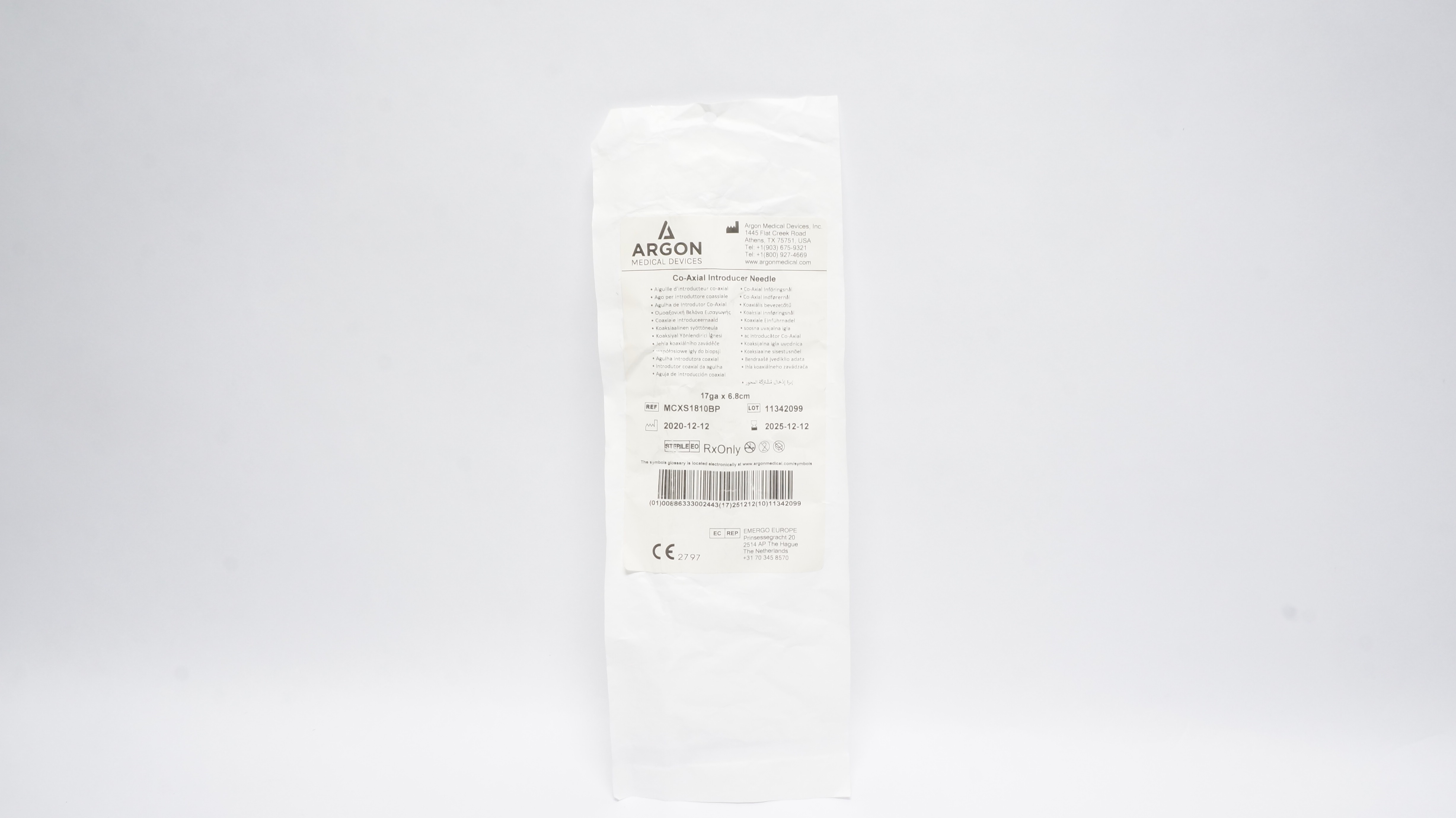 Argon Medical MCXS1810BP Co-Axial Introducer Ndle 17ga x 6.8cm (x)