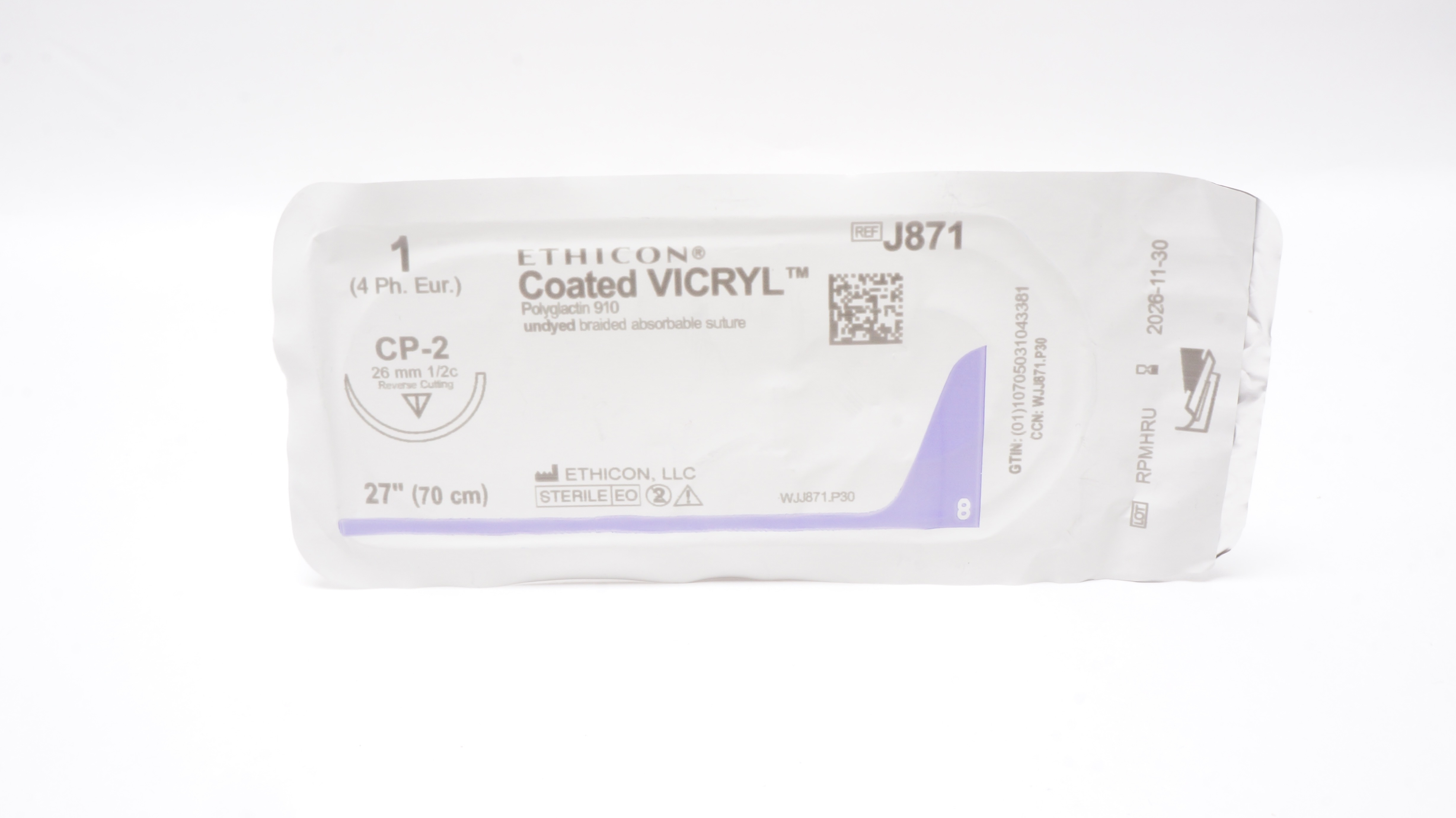 Ethicon J871 1 Coated VICRYL Stre CP-2 26mm 1/2c Reverse Cutting, 27inch